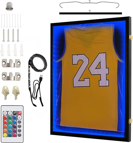 Miniatura 8 de OEERDER Vitrina con marco de jersey con luces, caja de sombra grande con cerradura LED, marco de jersey deportivo montado en la pared con colgador