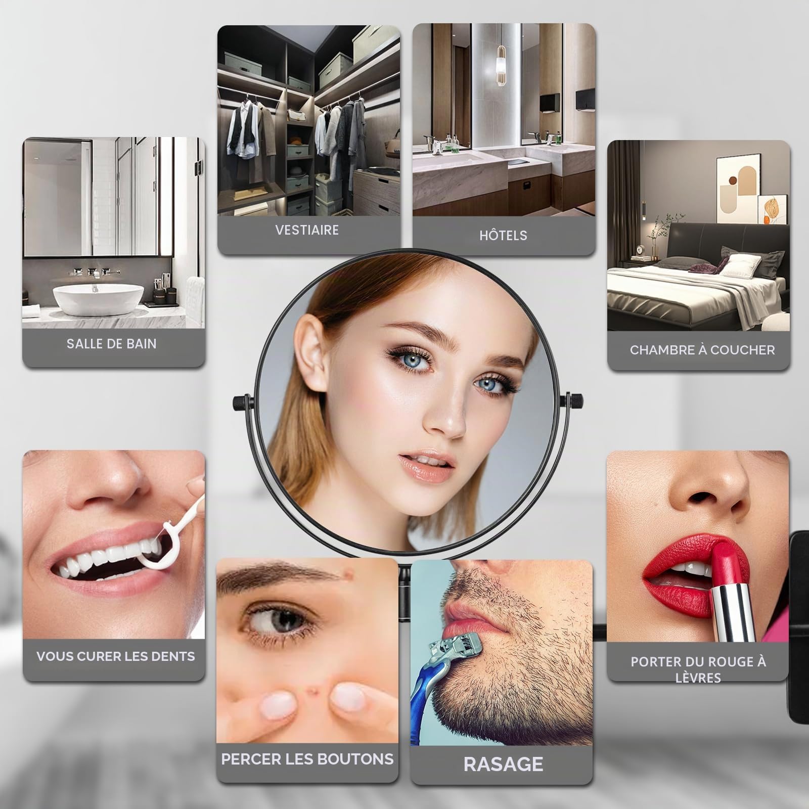 Nicesail Miroir cosmétique mural avec grossissement 5X pour salle de bain - Noir - Pivotant à 360° - Miroir double face - Extensible - Miroir de rasage - Montage mural - Diamètre 20 cm