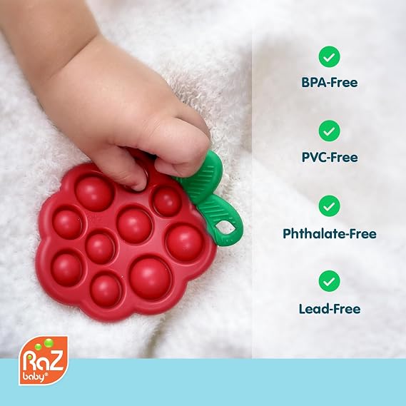 RaZbaby RaZberry Pop Strawberry Teether Multi-Textured Silicone for Sensory Development & Teething Relief Easy to Hold for Small Hands Soft BPA-Free Design for Babies 3 Months+, Red/Green