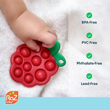 RaZbaby RaZberry Pop Strawberry Teether Multi-Textured Silicone for Sensory Development & Teething Relief Easy to Hold for Small Hands Soft BPA-Free Design for Babies 3 Months+, Red/Green