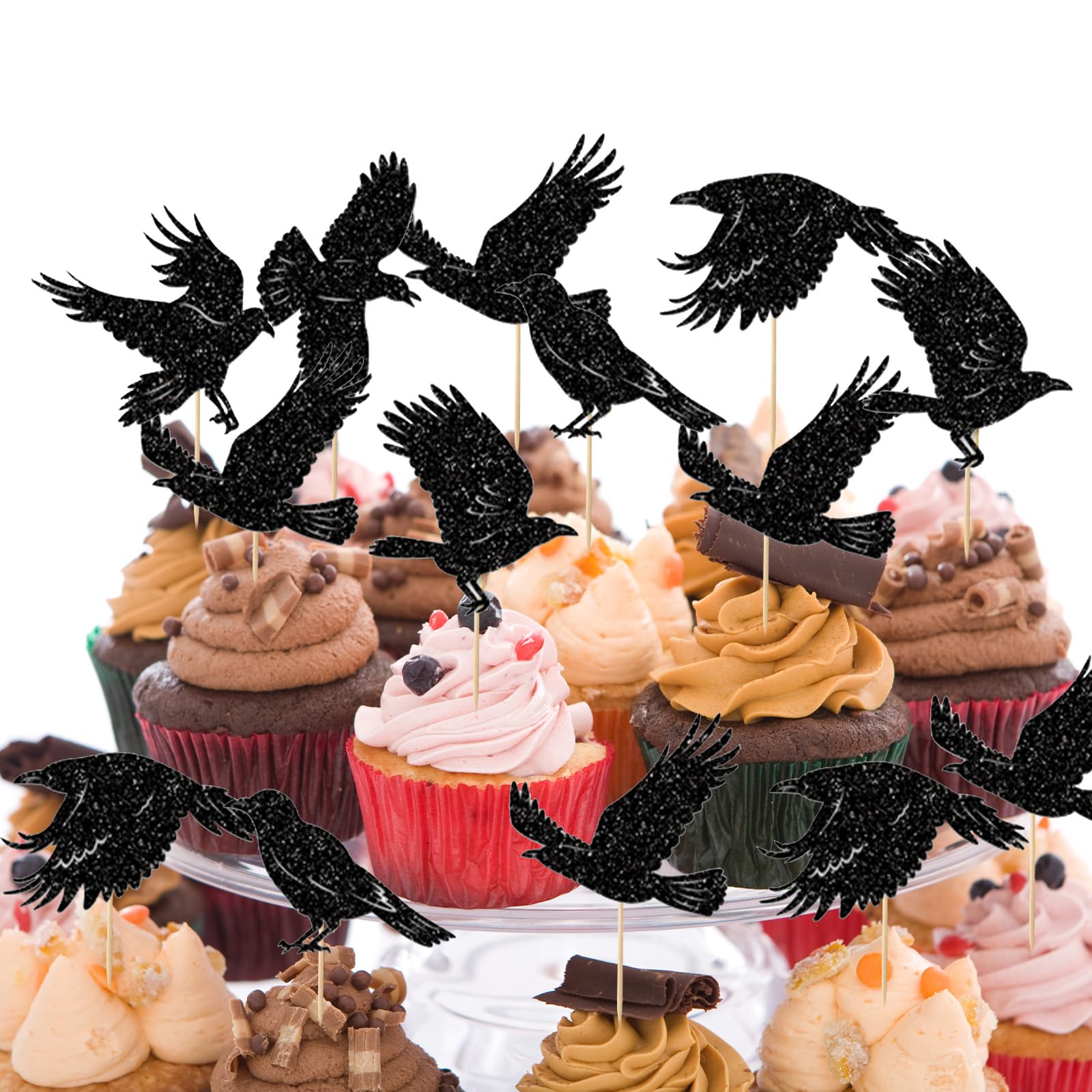 Lot De 30 Décorations Cupcakes Halloween - Toppers Corbeau Brillant, Papier Cartonné - Pour Gâteaux, Fêtes - 3