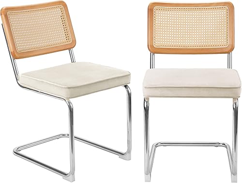 Juego de 2 sillas de comedor de ratán, sillas modernas de mediados de siglo con patas cromadas de metal, sillas con respaldo de caña sin brazos con
