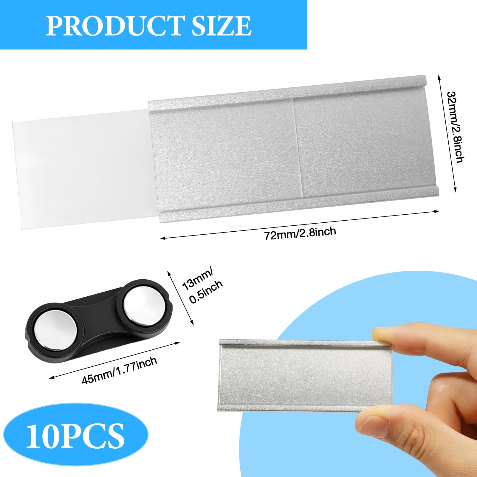 VINATO 10 Pezzi Badge Magnetici in Alluminio per Abbigliamento, Doppio Magnete, 72 x 35 mm