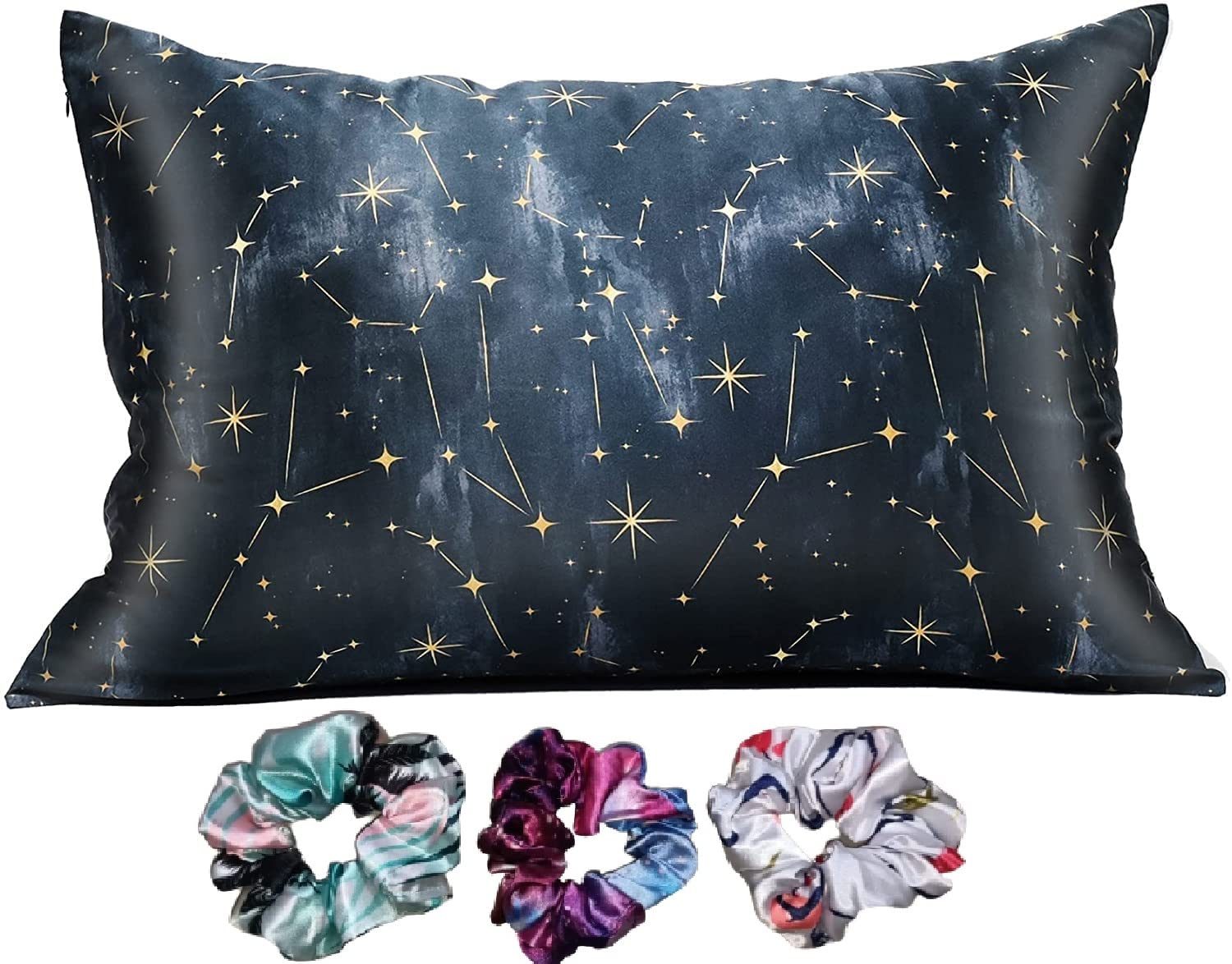 Satin Silk Pillow Covers for Hair and Skin-with Satin Scrunchies for Women Stylish |Satin Pillow Covers for Hair and Skin 2Pack |Silk scrunchies for Women 3Pack|Silk Pillow Case (Black, 2)