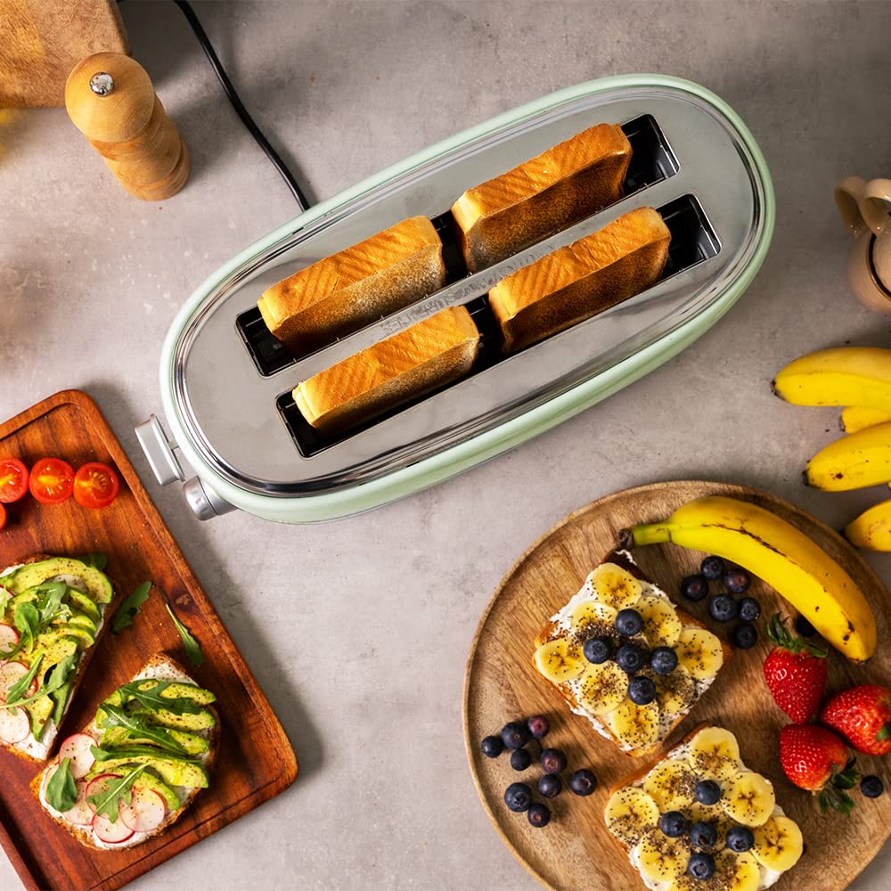 Cecotec Toast&Taste 1600 Retro Double Green 4-Slice Toaster. 1630 W, 2 Wide and Long Slots of 3.8 cm, Stainless Steel, Upper Heating Rods, Adjustable Power, Crumb Tray