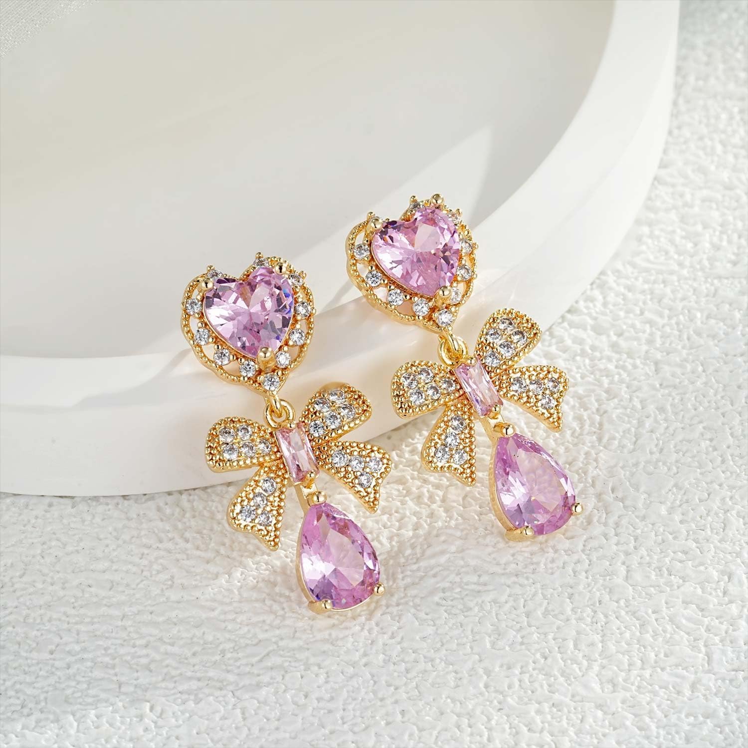 Austrian Crystal Heart Teardrop Bowknot Drop Dangle Stud Earrings for Women 14K White Gold Plated Hypoallergenic Jewelry Gifts for Women - Image 5