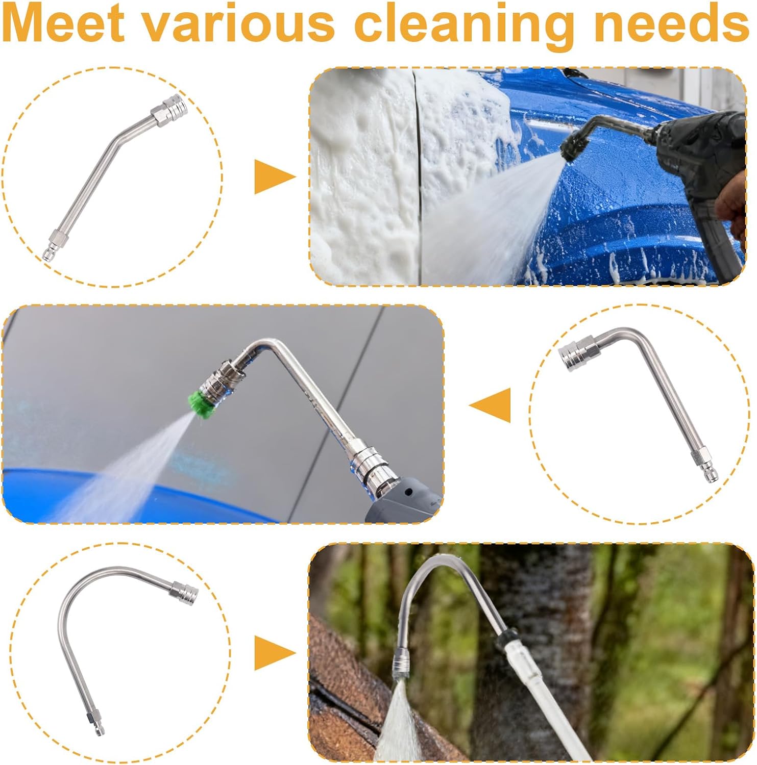 3pcs Pressure Washer Extension Wand, 30° 90°120° Curved Rod Gutter Cleaner Attachment with 1/4" Quick Connect 4000 PSI Extension Wand for Power Washer (Silver)