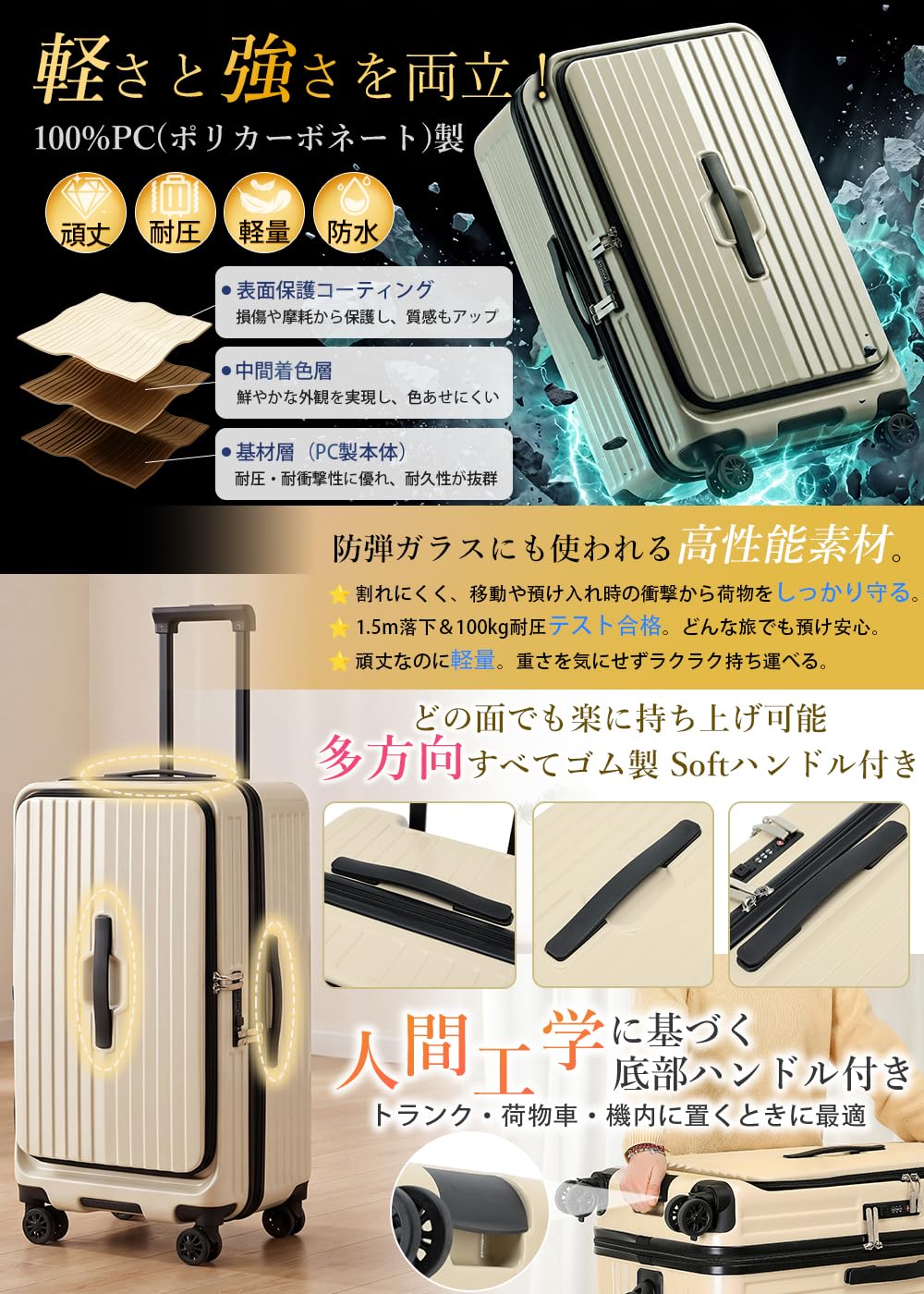 [J.K.T] スーツケース フロントオープン 前開き キャリーケース 機内持ち込み 軽量 Sサイズ 【1:9と3:7の2WAY開き方 黄金比の収納】 両開きスーツケース 小型 パソコン専用収納付き 多機能 ストッパー付き 静音キャスター PC製 頑丈 TSAロック搭載 防爆ジッパー 出張 国内 海外 短期旅行 キャリーバッグ suitcase 男女兼用 - 5