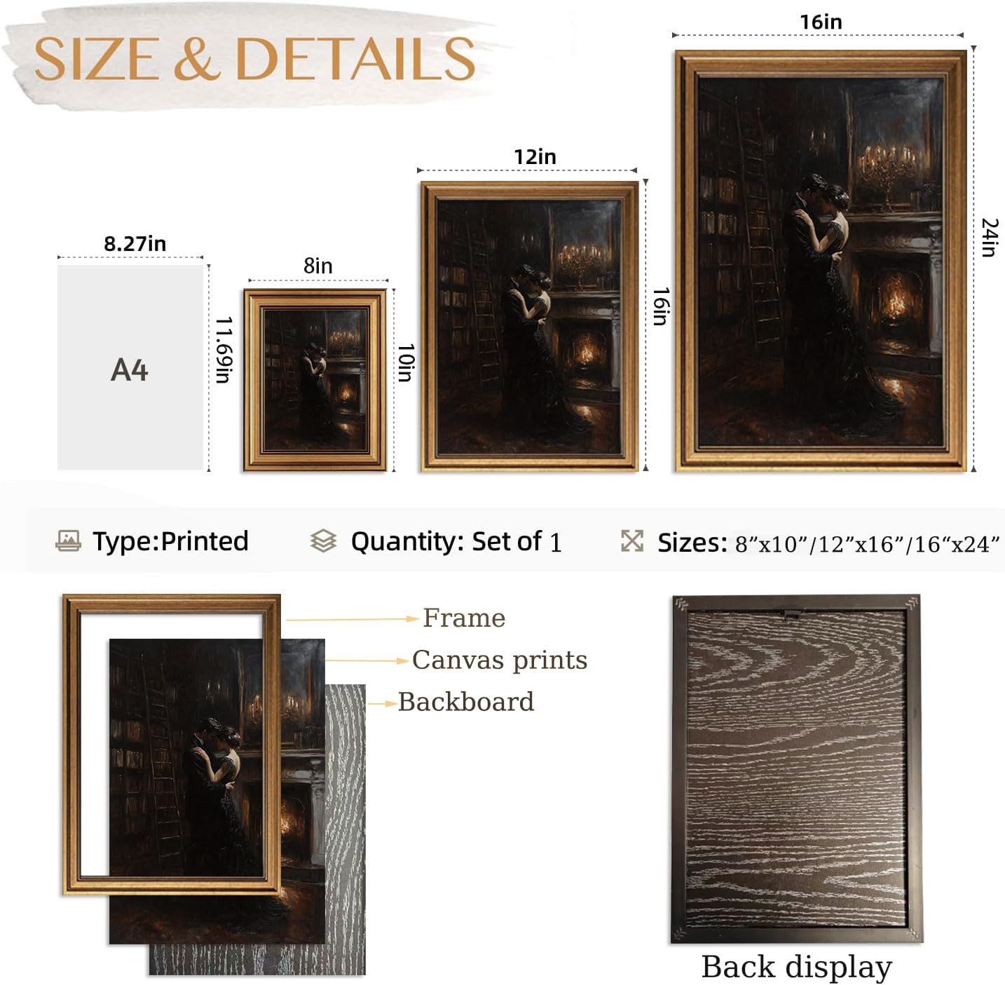 CHMMART Vintage Gold Framed Wall Art Dark Academia Couple Canvas Art Prints Victorian Cottagecore Pictures Wall Decor Moody Bookish Paintings Artwork for Living Room Bedroom 12x16in