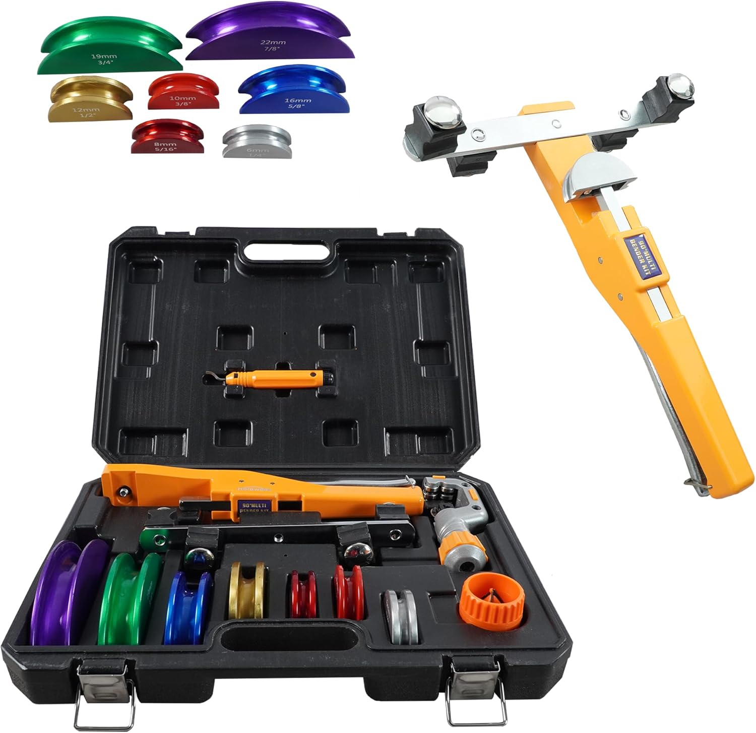 90° Ratcheting Pipe Tube Bender Set W/ 7 Color-Coded Aluminum Heads, 1/4"–7/8" O.D. Tubing, Tube Cutter & Deburring Tool, Portable Storage Case for HVAC, Plumbing & Refrigeration