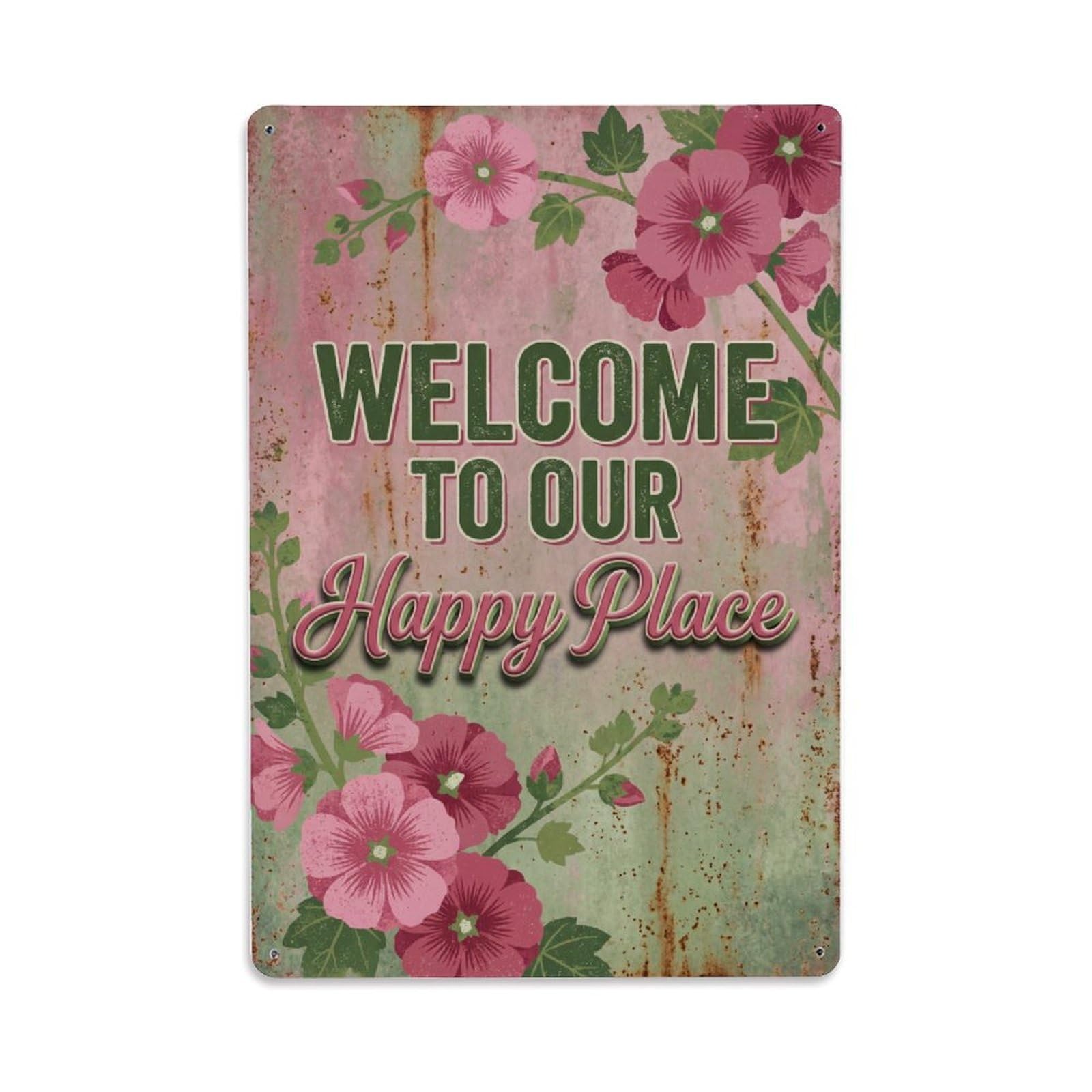 Fqnyr Style Welcome To Our Happy Place Hollyhock Alley Metal Tin Sign Plaque Wall Decor For Cafe, Club Bar, Office, Home Garden Metal Poster 8X12inch
