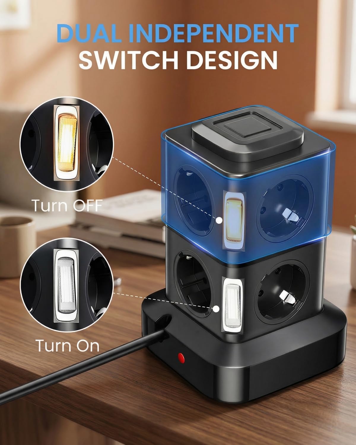 AOKBON Torre Regletas Enchufes 8 Tomas de AC y 4 Regleta USB Enchufe Multiple 2500W/10A Regletas Vertical 3 Metro Regleta Enchufes Proteccion Sobretension con Interruptor para Casa,Mesa, Oficina — view 5