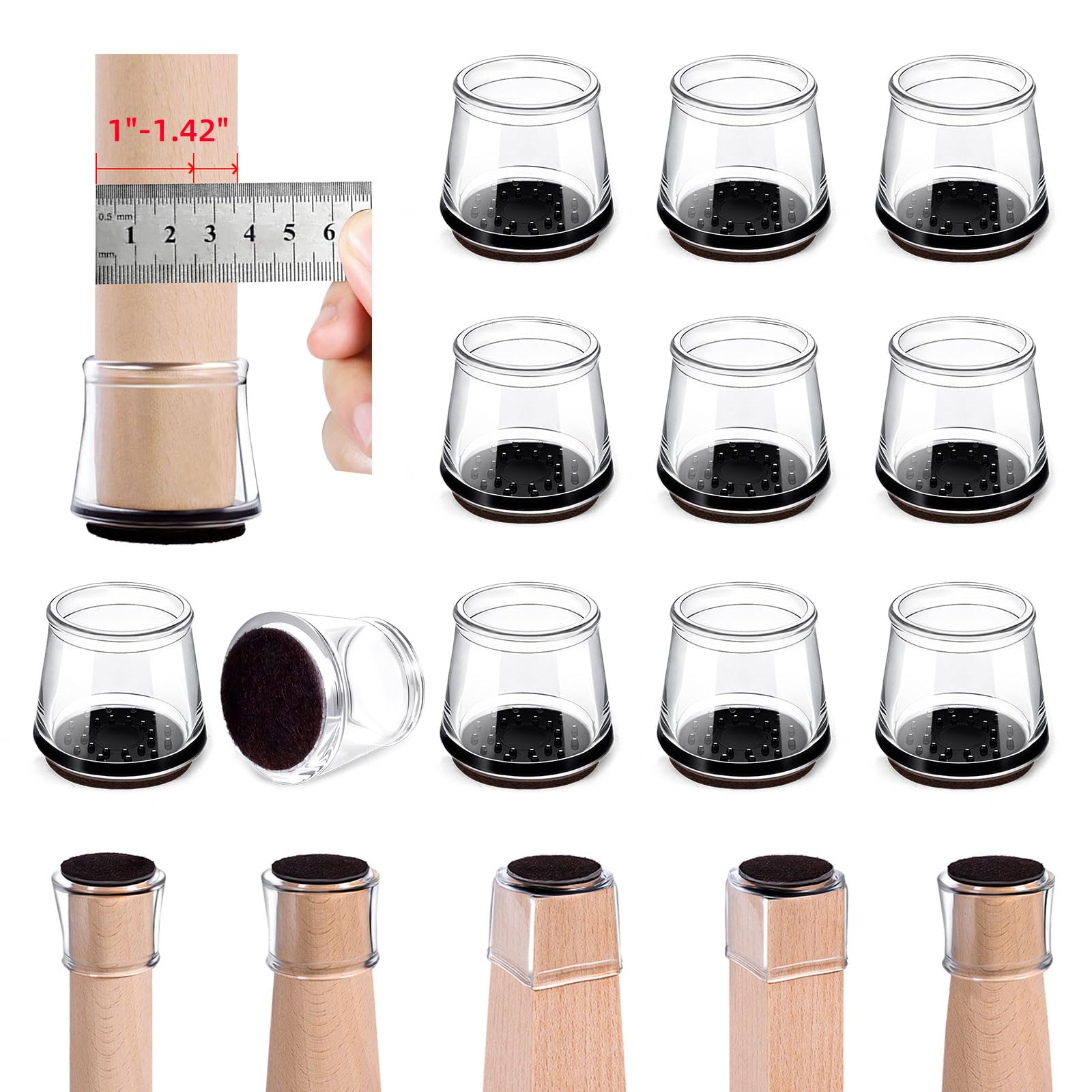 24Pack Clear Chair Leg Floor Protectors, Furniture Felt Pads，Silicone Covers Caps for Hardwood Floors Bed Frame Legs Table, Non Slip, Reduce Noise,