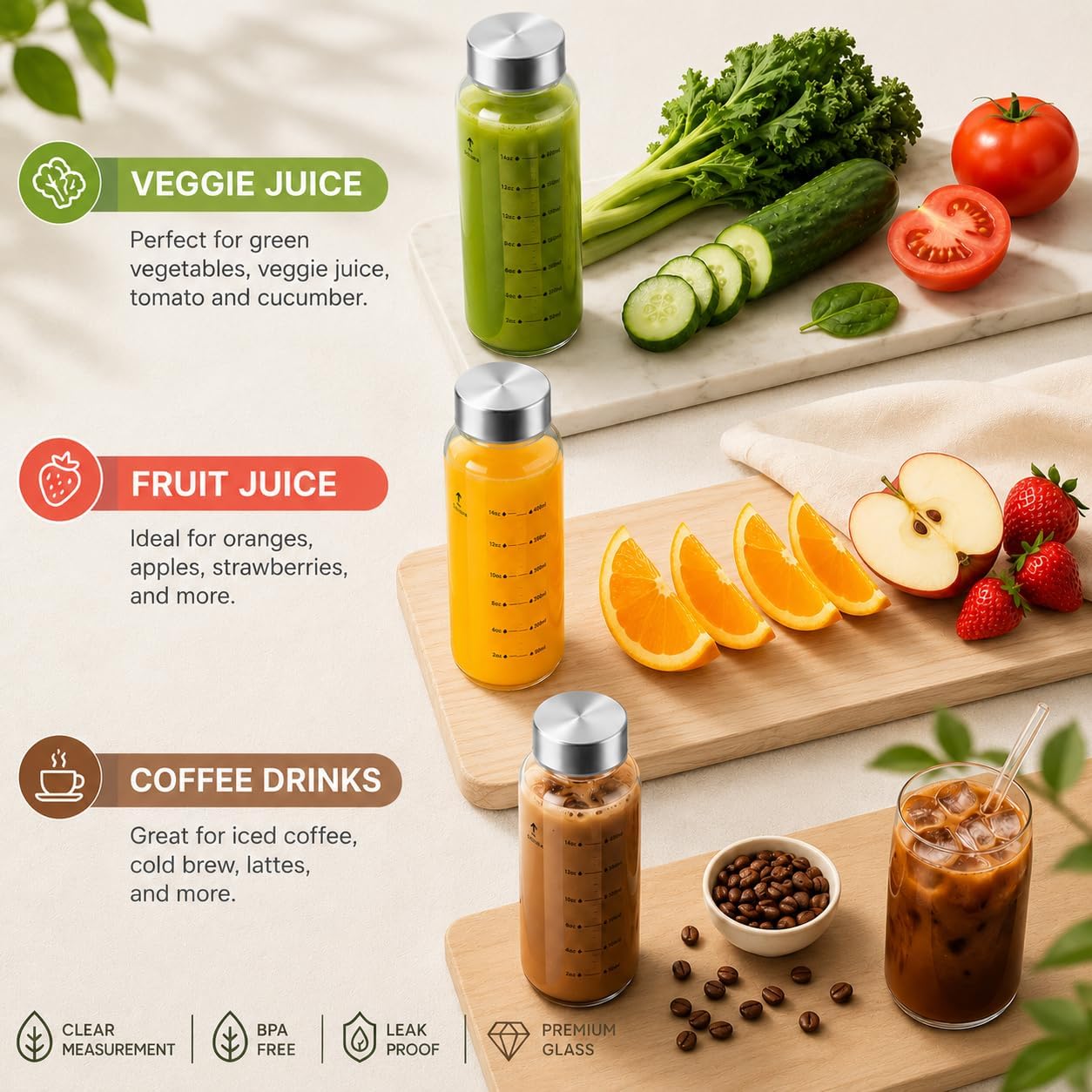 Luxfuel Clear Glass Bottles with Lids, 18oz Glass Water Bottles for Juicing | Measurement Markings, 100% Leak Proof Stainless Steel Lid, Reusable for Smoothie, Refrigerator and Dishwasher Safe, Set of 6