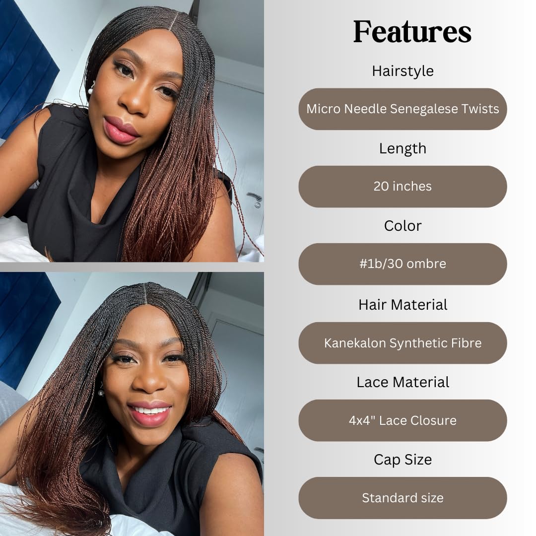Micro Needle Senegalese Twists Braided Wig, Micro Twists Wigs, Braided Wigs for Black Women, Synthetic Handmade Braid Wig - 20 inches (#1b/30 ombre)