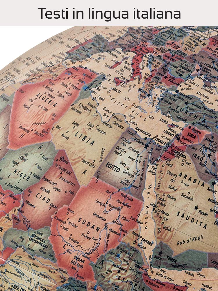 Tecnodidattica - Mappamondo Atmosphere A4, Luminoso, Girevole, Base in Legno di Faggio scurito e meridiano graduato in Metallo, cartografia Stile Antico, Diametro 30 cm