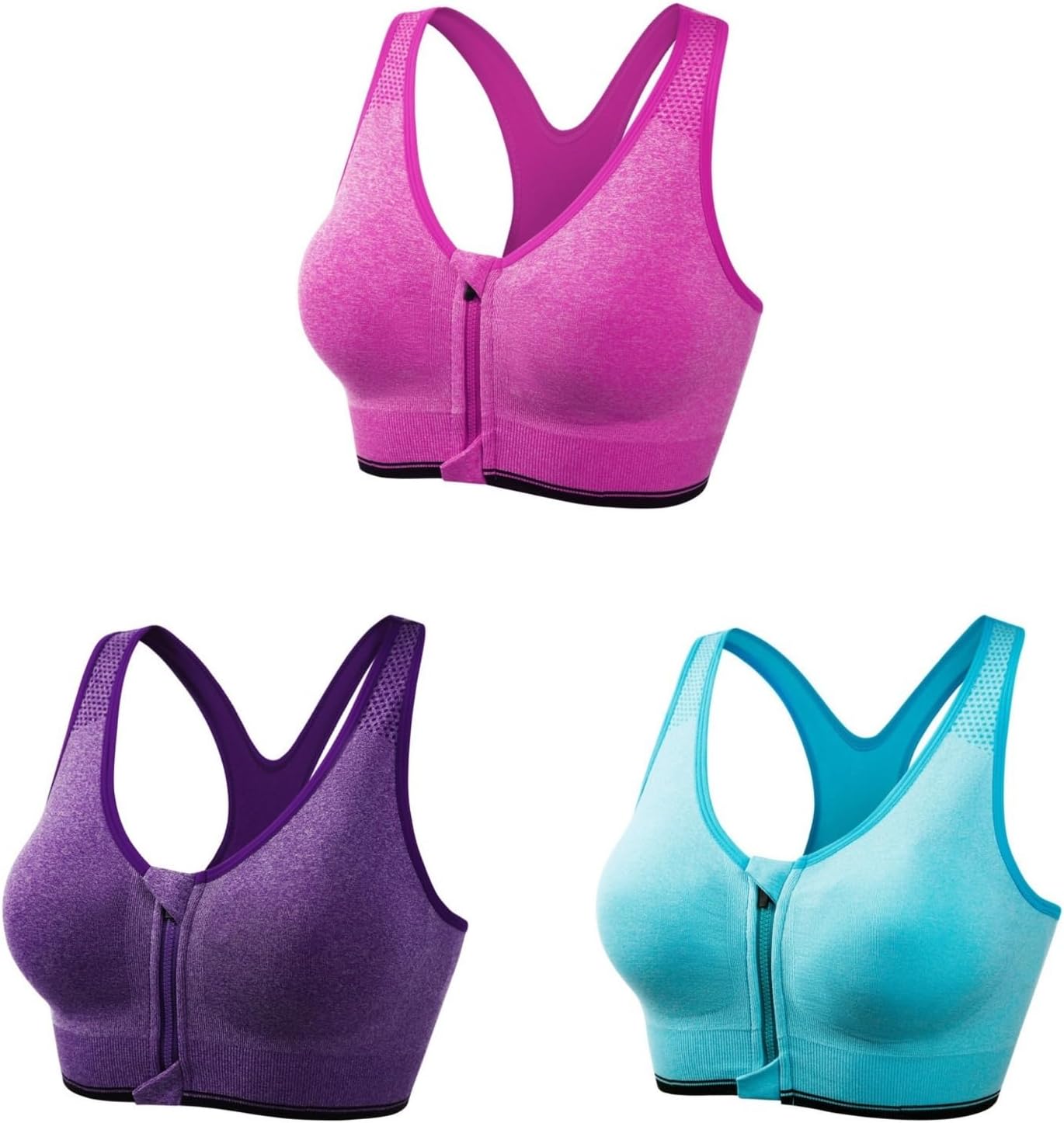 Plus Size Sports Bras 3-Pack, Front Zip Racerback Padded Bra, Comfort Wireless Push-Up Bra for Running, Yoga, Gym