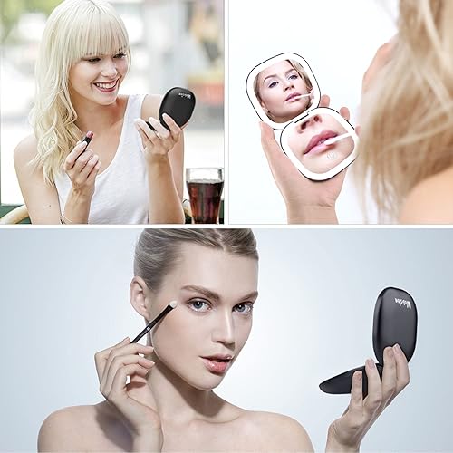 Miniatura 5 de wobsion Espejo de viaje con luz recargable 1x10x espejo de bolsillo regulable espejo de mano de 2 lados con luz tamaño de viaje de 35 pulgadas