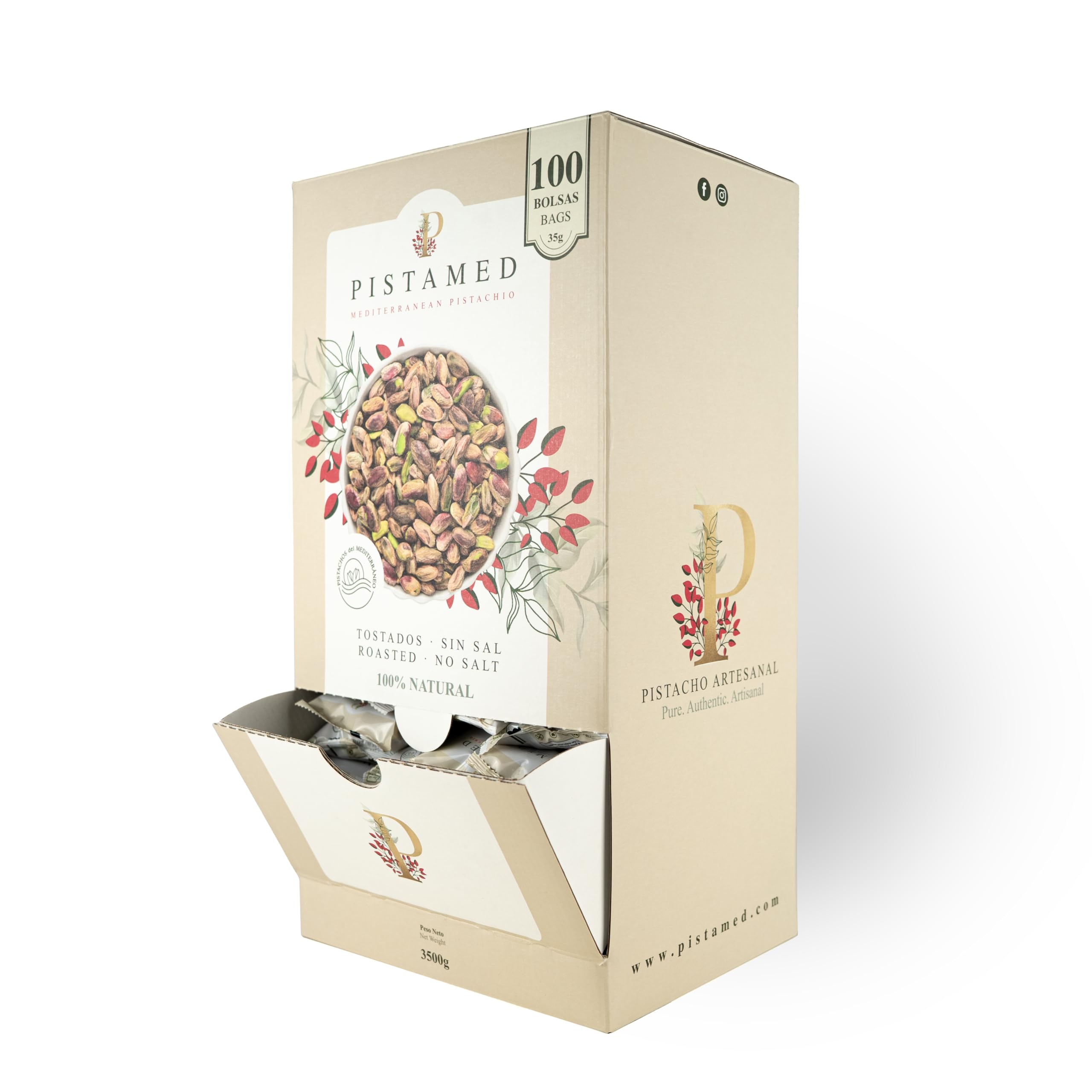 PISTAMED - Pistachos con Cáscara Sin Sal Tostados Artesanalmente - Alto Contenido en Fibra - Apto Veganos y Sin Gluten - Pack 100 x 35 g Formato Individual - Origen España - Snack Natural