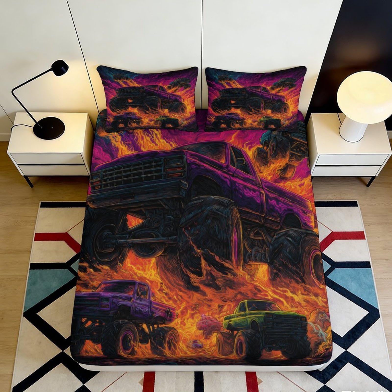3D Printed Monster Truck Flames Fitted Sheet Microfiber Soft Mattress Cover for Bedroom Dorm Youth Decor 110x200cm 90x200x25cm