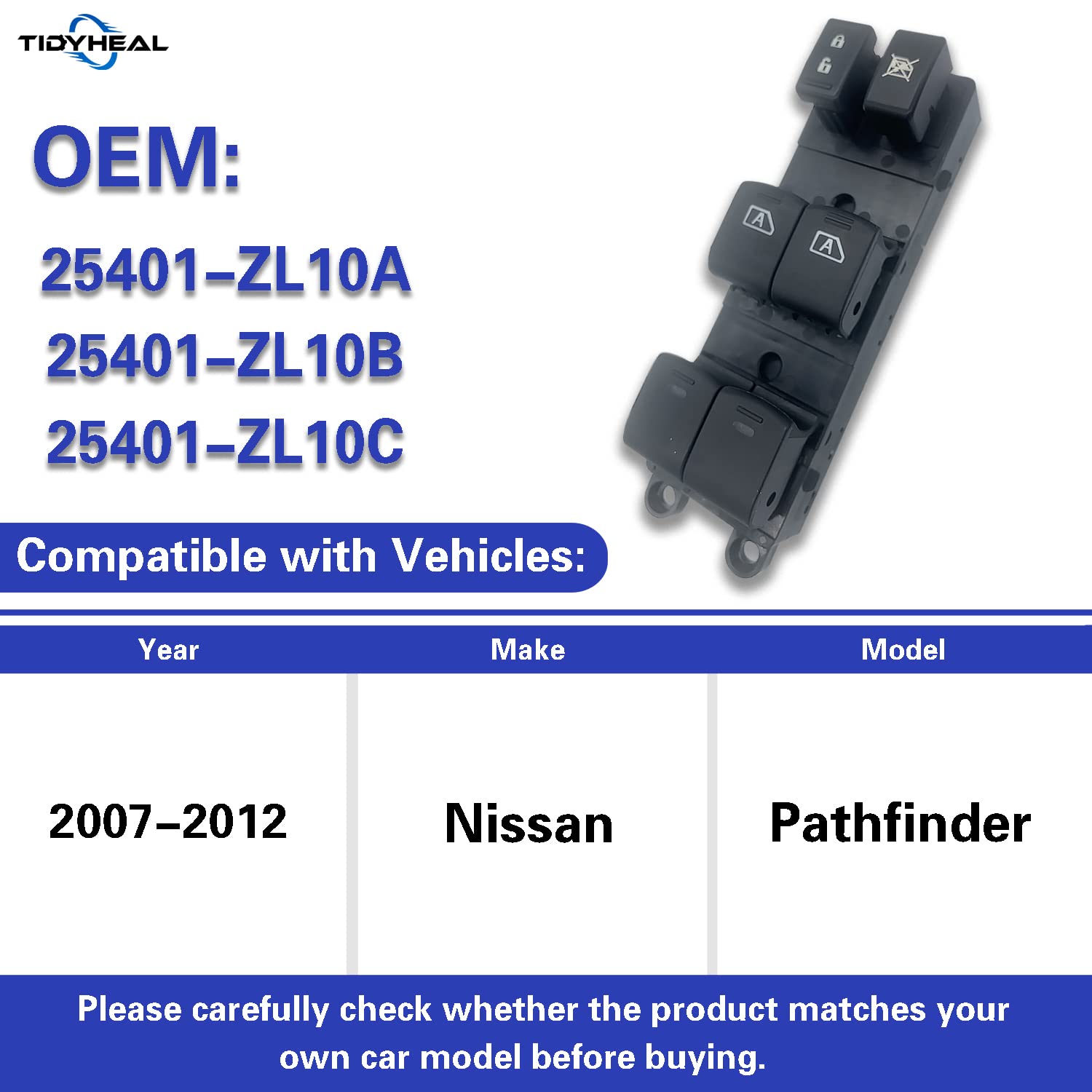 Tidy Heal Power Master Window Switch Driver Side for 2007-2012 Nissan Pathfinder,25401-ZL10A,25401-ZL10B, 25401-ZL10C (2+14Pins)