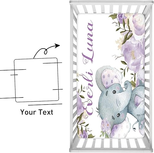 Miniatura 8 de KAINSY Sábanas para cuna con nombre personalizado, ropa de cama de bebé de elefante morado para niños y niñas, sábanas bajeras plegables portátiles