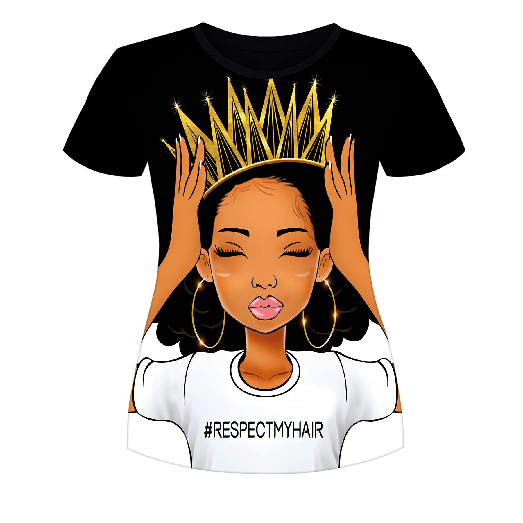 AZPSRTWomen's T-Shirts Black History Month Afro Word Art Natural Hair 3D Floral Print Casual Tops for Women Tees