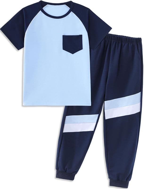 Boys Clothes,Boy outfits 2-Piece Raglan Color blocking Short-Sleeve T-Shirt Color blocking Pant Boys Clothing Set