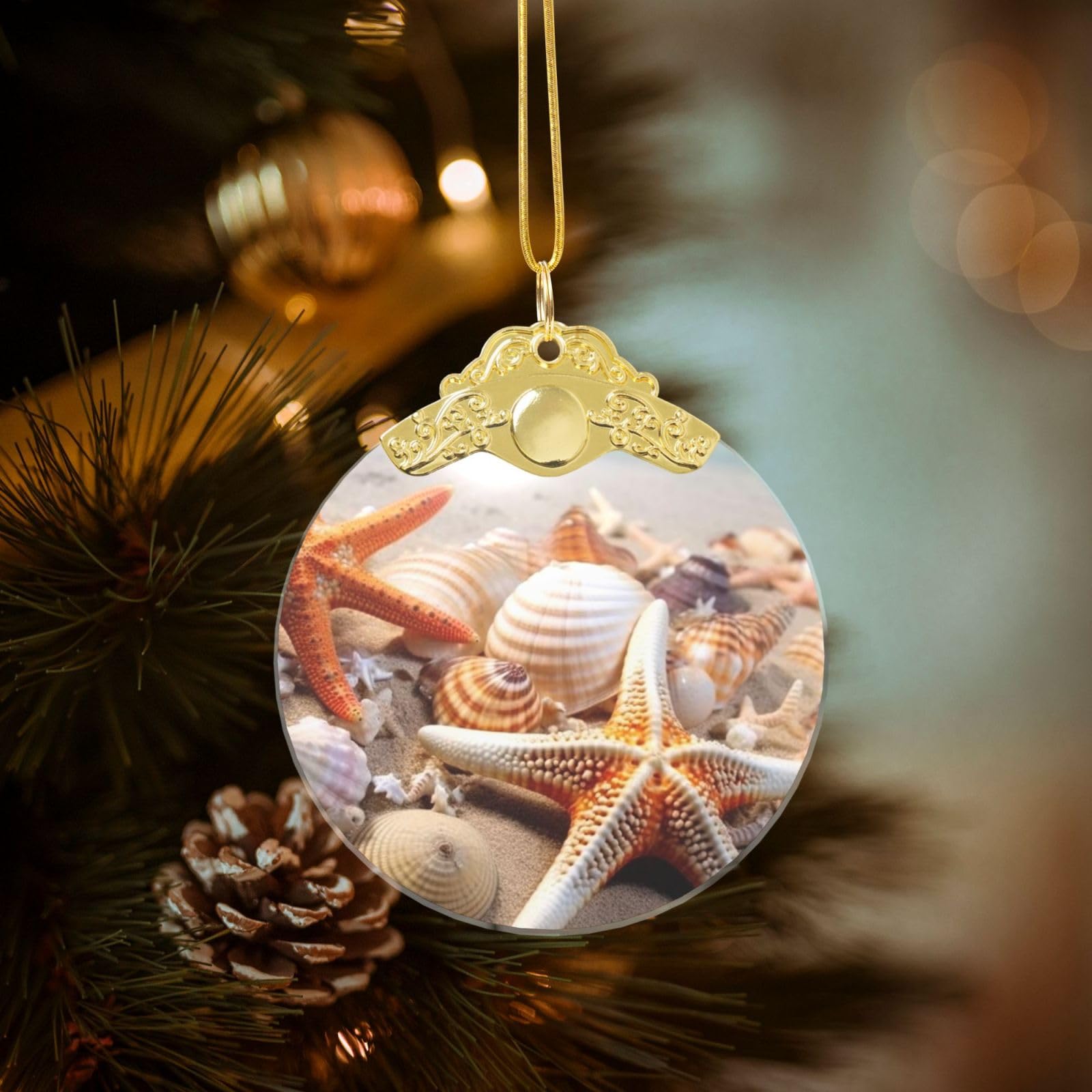 Beach Starfish Shells Christmas Ornament 2025, Round Glass Xmas Hanging Pendant for Xmas Tree Decoration,Cute Holiday Hanging Decorations Keepsake for New Year Family Party Wedding Decor