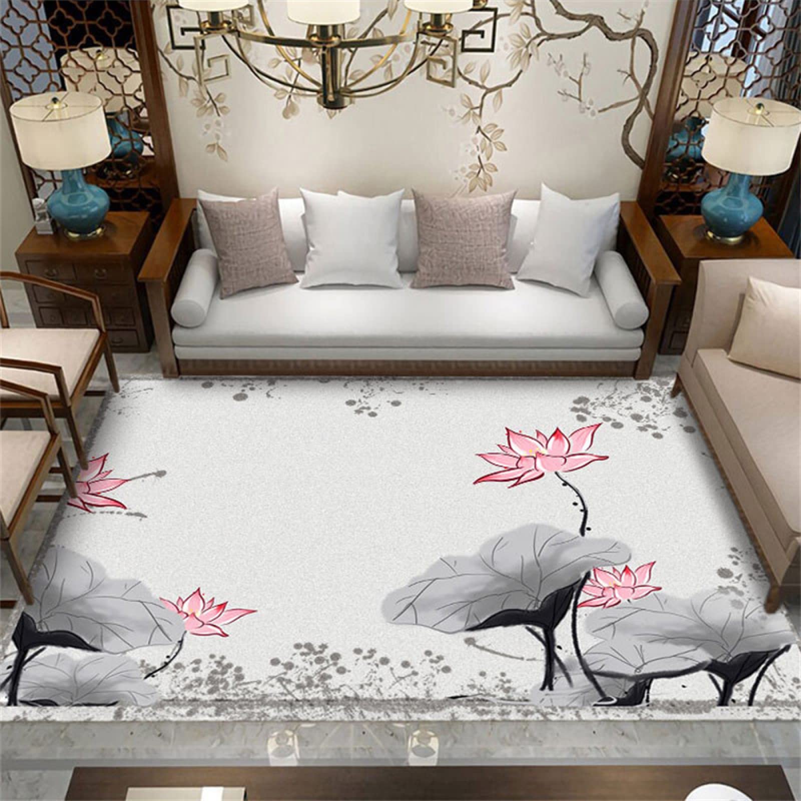 Tapis bébé XXL lavable 160X230 grand tapis de salon imprimé feuille de lotus rose