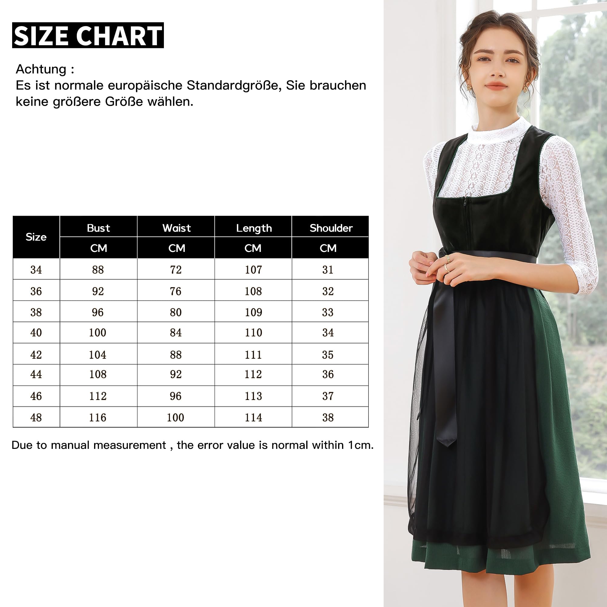 EIISSION Dirndl Damski Oktoberfest Kostium Oktoberfest Kostium Kostium Damski Czarny Tradycyjna Sukienka midi Trachten Sukienka 3 Pieces Bluzka Fartuch