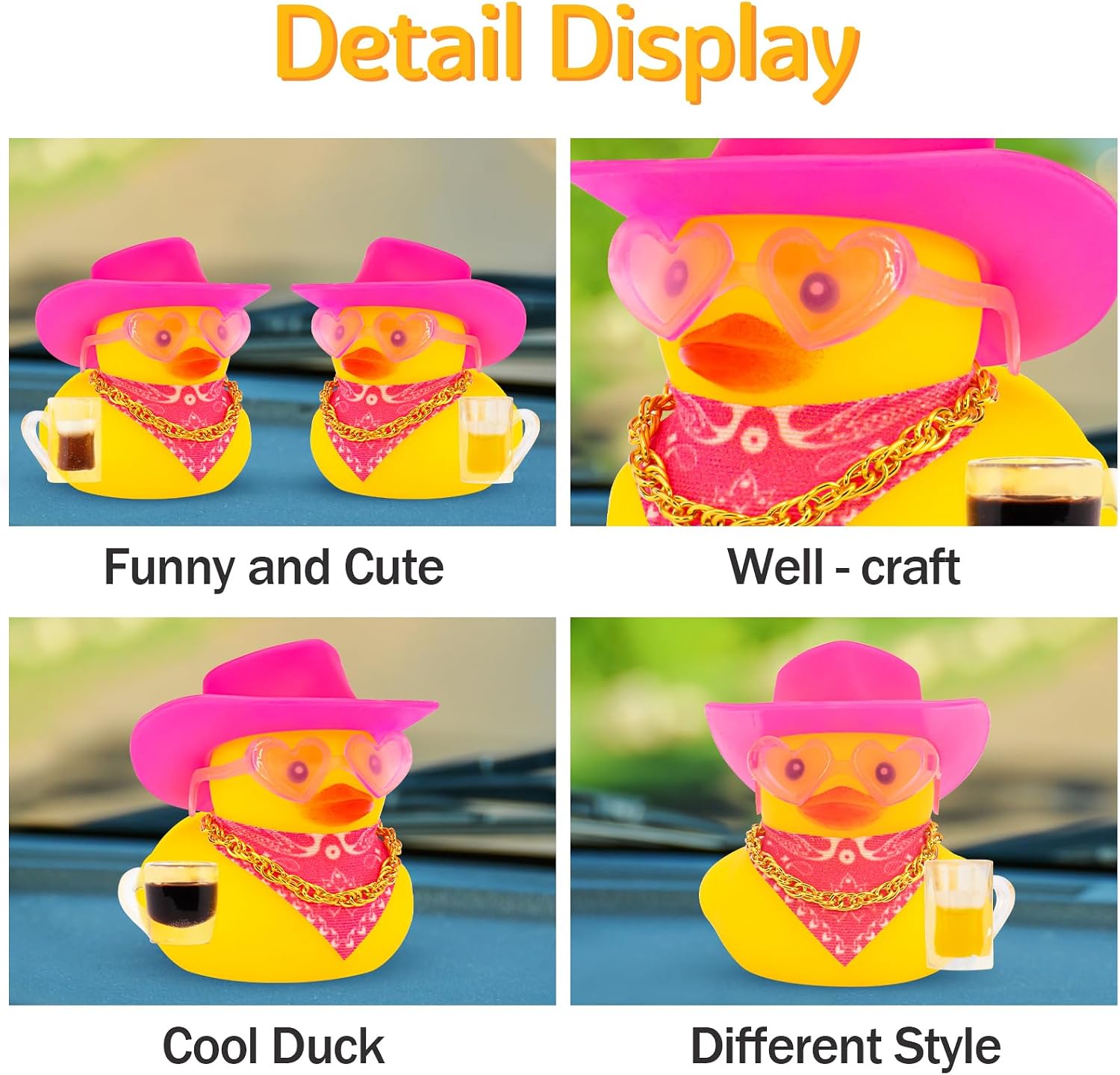 wonuu Rubber Ducks Funny Pink Duck, Cute Pink Car Accessories Duckies Car Dashboard Decoration Mini Ducky with Heart-Shaped Sunglasses, Bandana, Necklace, Hat (Coffee)