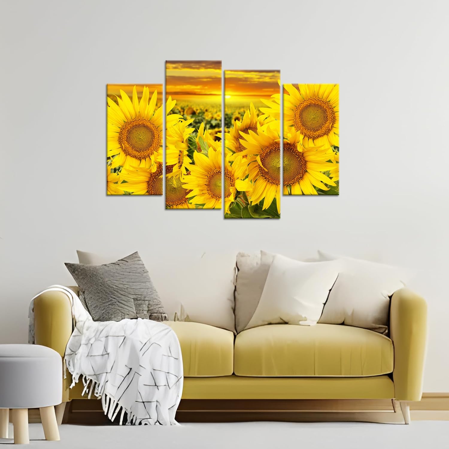 iHAPPYWALL 4 Panel Sunflower Canvas Wall Art Sunrise Flowers in Field Autumn Landscape Picture Painting on Canvas for Living Room Kitchen Dining Room Bedroom Decor Ready to Hang