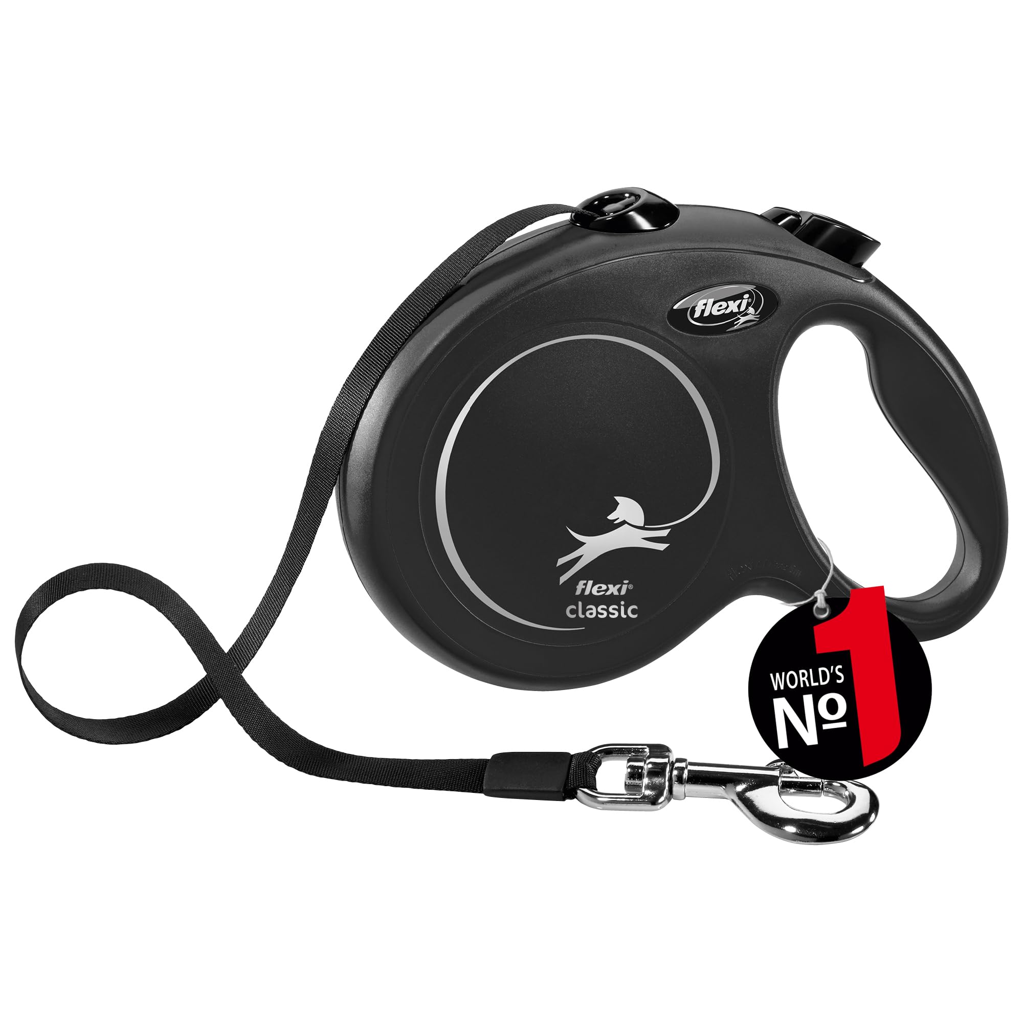 Flexi Original Retractable Dog Leash â New Classic Heavy Duty Tape Leash, 5m/16ft, Anti-Slip Grip, for Dogs Up to 50kg, Large Size, Black