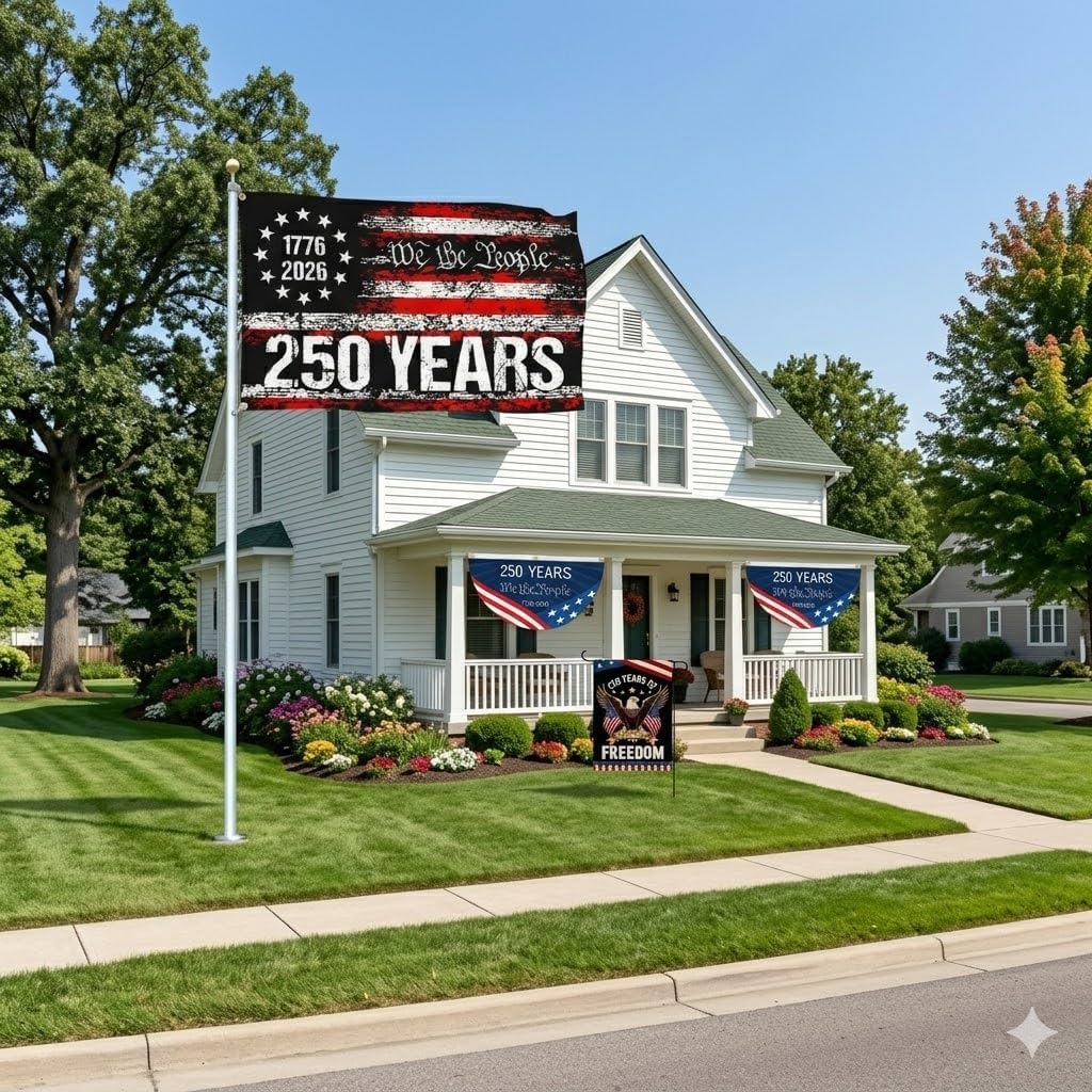 4 Pcs We The People 250 Year American Anniversary Flag, 3 Ply Double Sided 3x5 Ft, With 2 Fan Flags 2x4 Ft, 1 Garden Flag 12x18 Inch, 1776-2026 Patriotic Flag, For Outdoor, Front Door, Wall, Fence