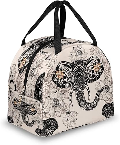 Bolsa de almuerzo aislada para mujeres y hombres, elefante, flor étnica, impermeable, bolsa térmica reutilizable, contenedor para almuerzo, a prueba