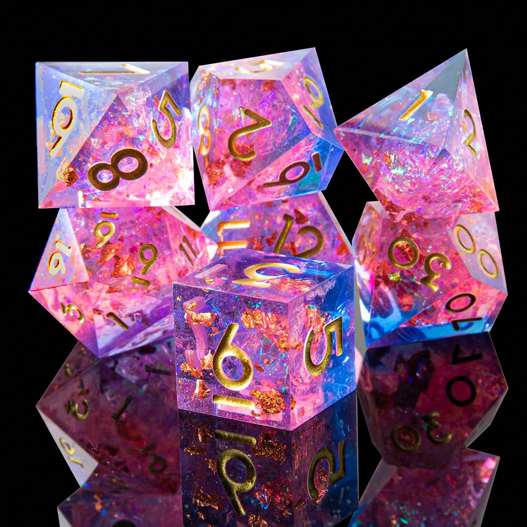 Set di dadi per DND Sharp Edge, fatti a mano, 7 accessori per giochi TTRPG, giochi di ruolo multifacciali, resina poliedrica con bordi affilati, giochi di ruolo Shadowrun Pathfinder MTG