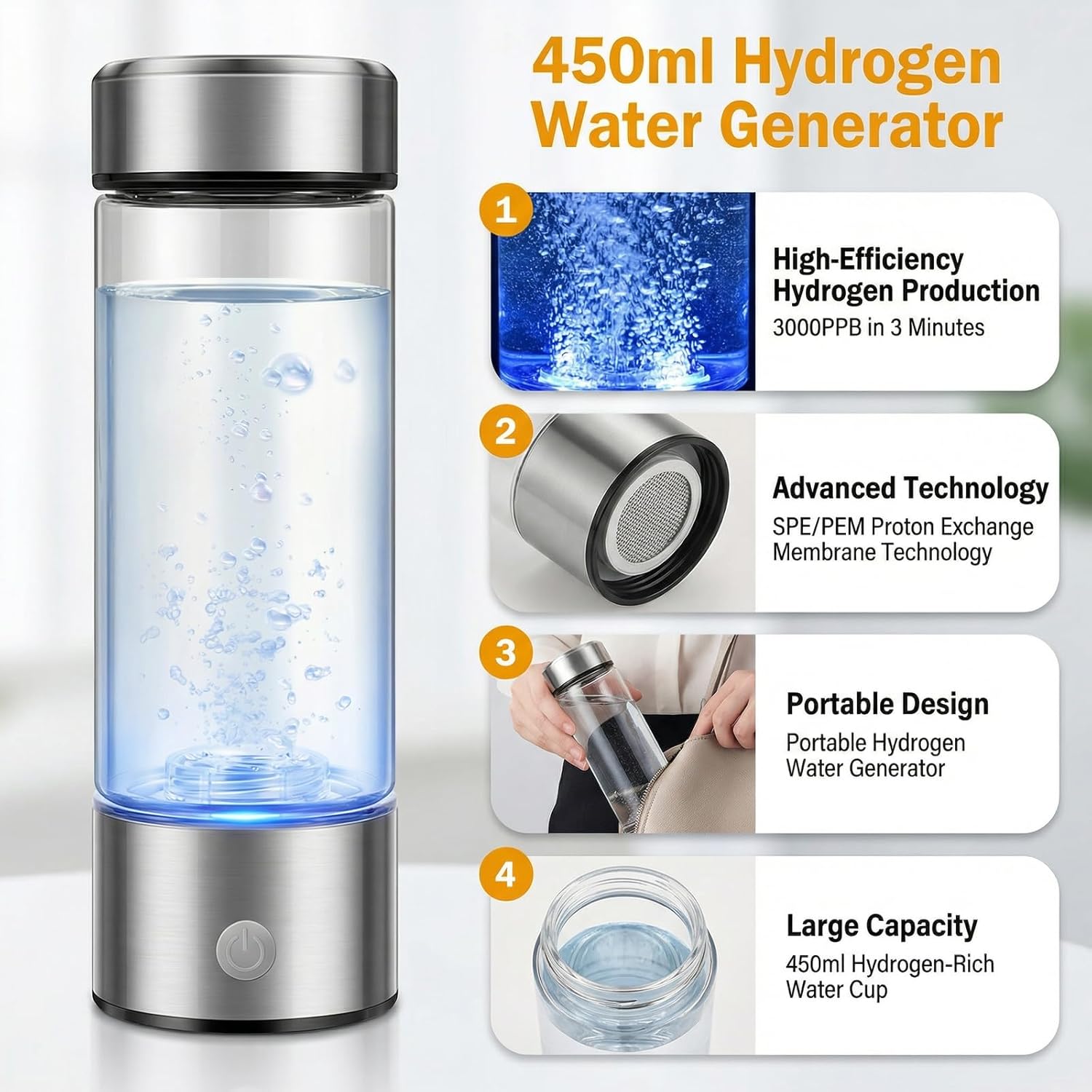 2026 Upgraded Hydrogen Water Bottle, 3000PPB in 3Min,SPE/PEM Tech Portable Hydrogen Water Generator, 450ml Capacity Hydrogen Rich Water Cup,for Home, Travel, Office - Ideal Health Gift