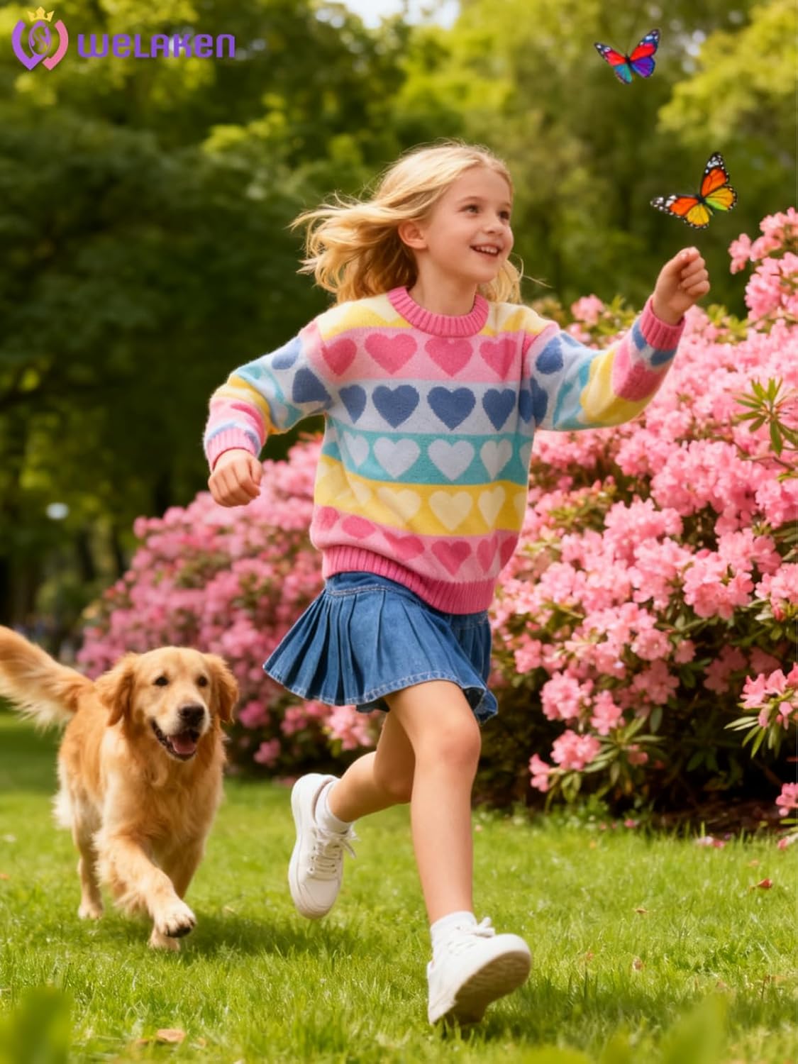WELAKEN Girls Sweater Colorful Patterned Crewneck Long Sleeve Knit Pullover - Image 2