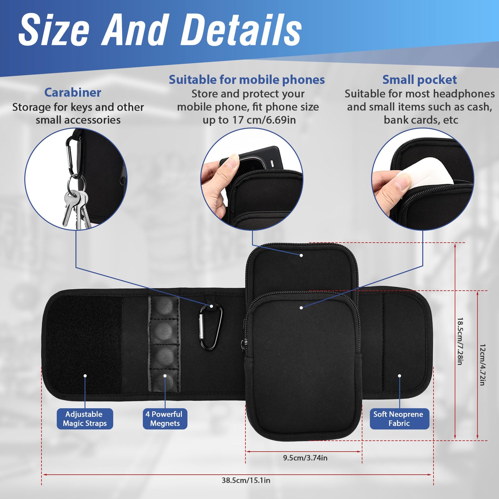 Borsa Magnetica Gym Porta Bottiglia per Contenere Bottiglie d'Acqua Diametro 7-11cm, Telefoni Cellulari, Chiavi e Accessori per Fitness (Nero)