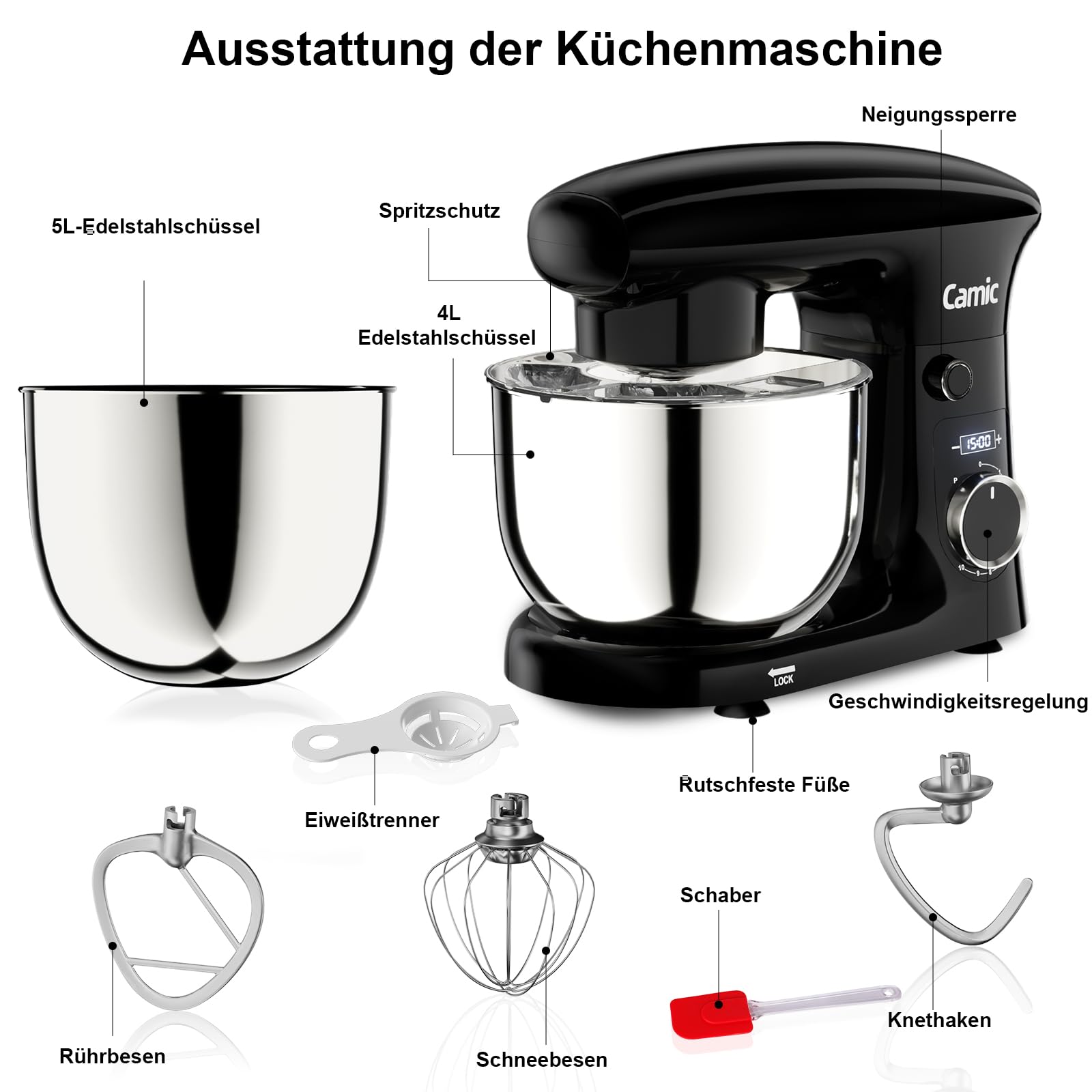 Camic Küchenmaschine mit 3 Zubehörteilen (Knet-, Rühr-, Schneebesen),Teigmaschine mit LED-Display, Zeit einstellen, 10 Geschwindigkeitsstufen, 2 Edelstahlschüsseln 4L+5L, für Teig, Brot, Pizza, Kuchen