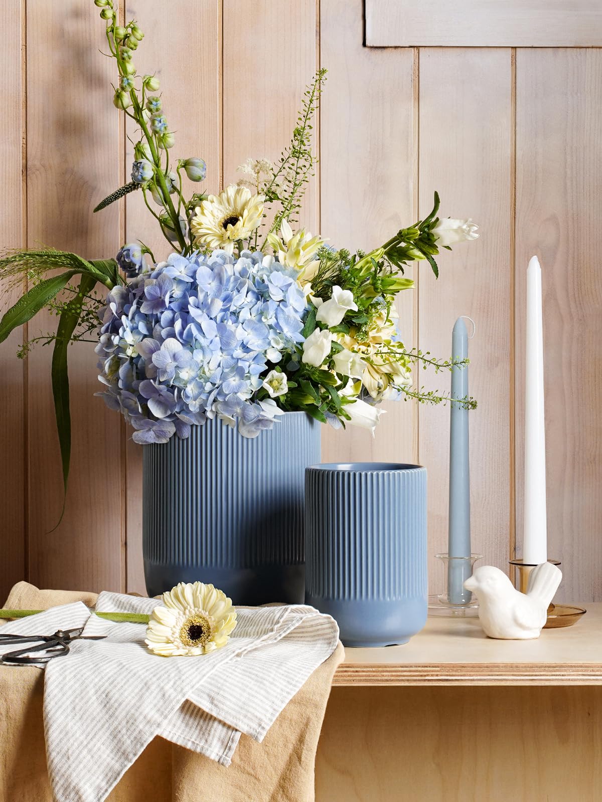LE TAUCI Lot de 2 porte-ustensiles de cuisine en céramique de 18,5 cm + 13,7 cm pour comptoir, grands pots à ustensiles de cuisine pour comptoir de cuisine, organiseur moderne pour spatule, bleu