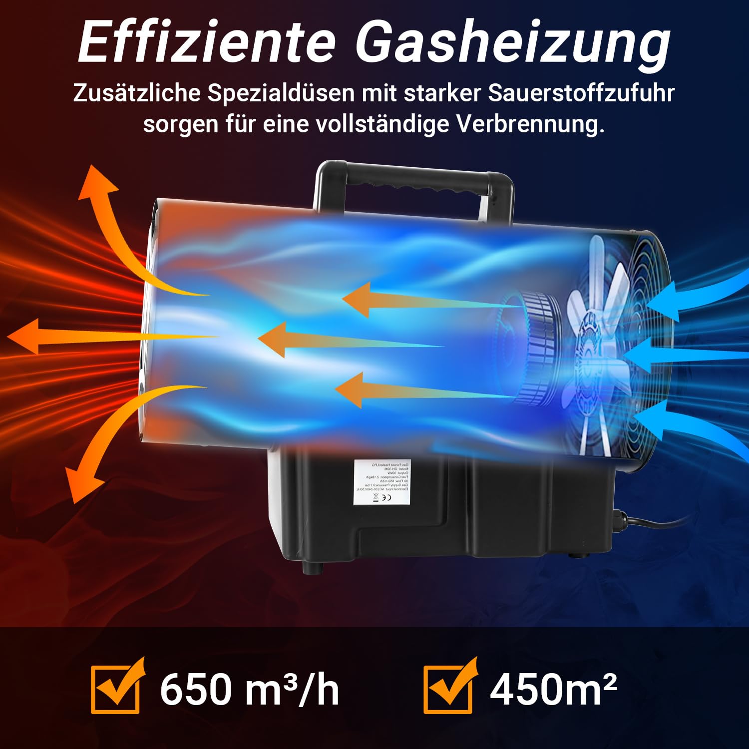 Calefactor de gas de 30 kW con manguera de conexión y regulador de presión de gas de 700 mbar, superficie efectiva: 450 m², para obras, almacenes ventilados, garajes, etc