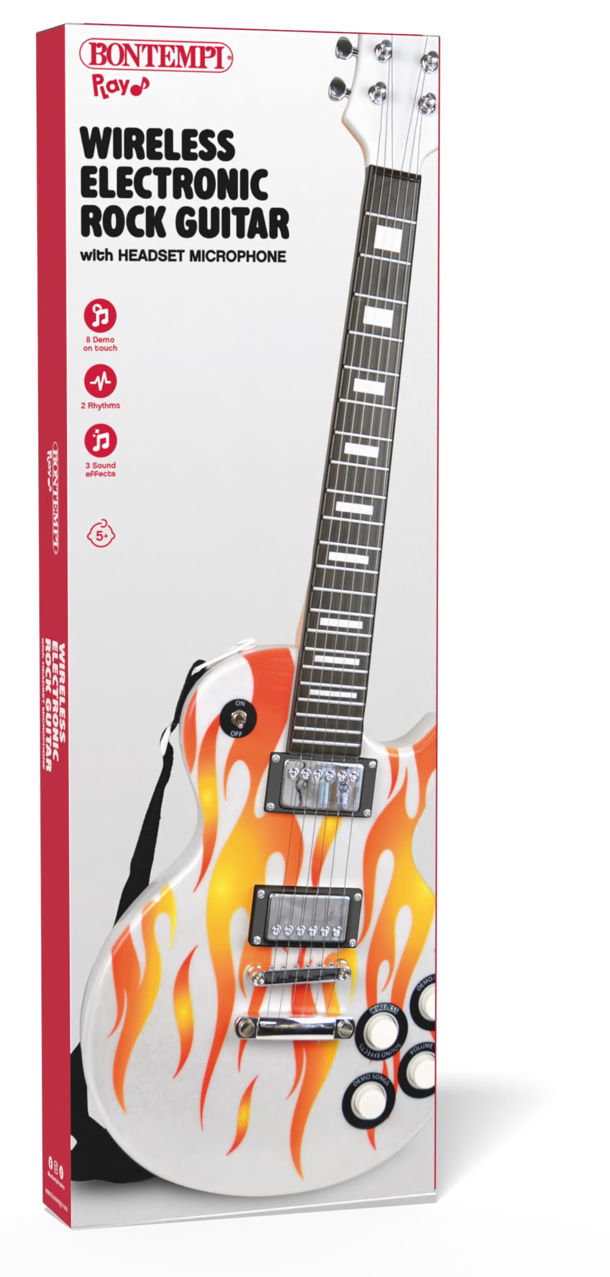 BONTEMPI - Guitarra Rock Electrónica Inalámbrica con Cuerdas de Metal, 8 Pistas Pregrabadas, Micrófono de Auriculares, Correa Bandolera, Apagado Automático 690mm