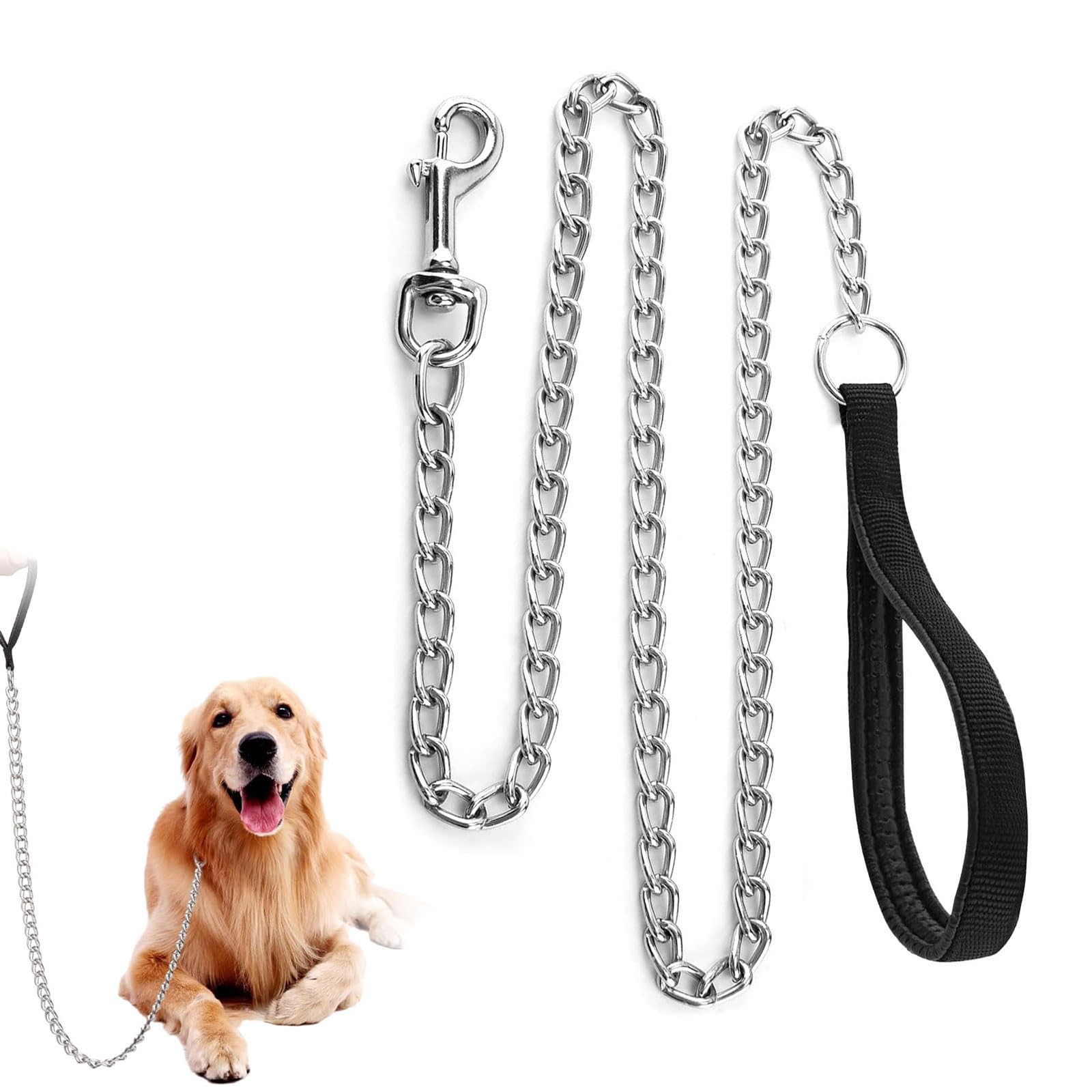 Cadena Metálica de Cuero para Perros, Correa Cadena para Perro, Metal Resistente Correa Entrenamiento Paseo con Mango Suave Antideslizante Nylon para Caminar Viajar Adiestramiento (2mm*120cm)