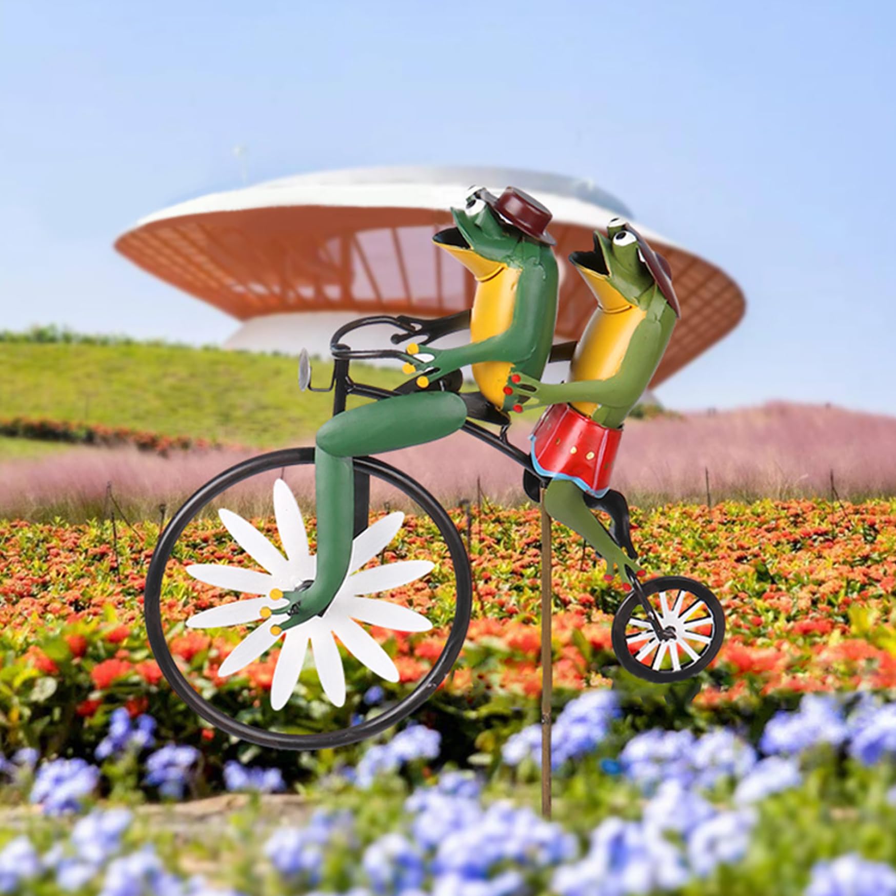 Sculture per il ventare, filatori del ventare per giardino in bicicletta in metallo rane del ventare su un ornamento da giardino del mulino a ventare