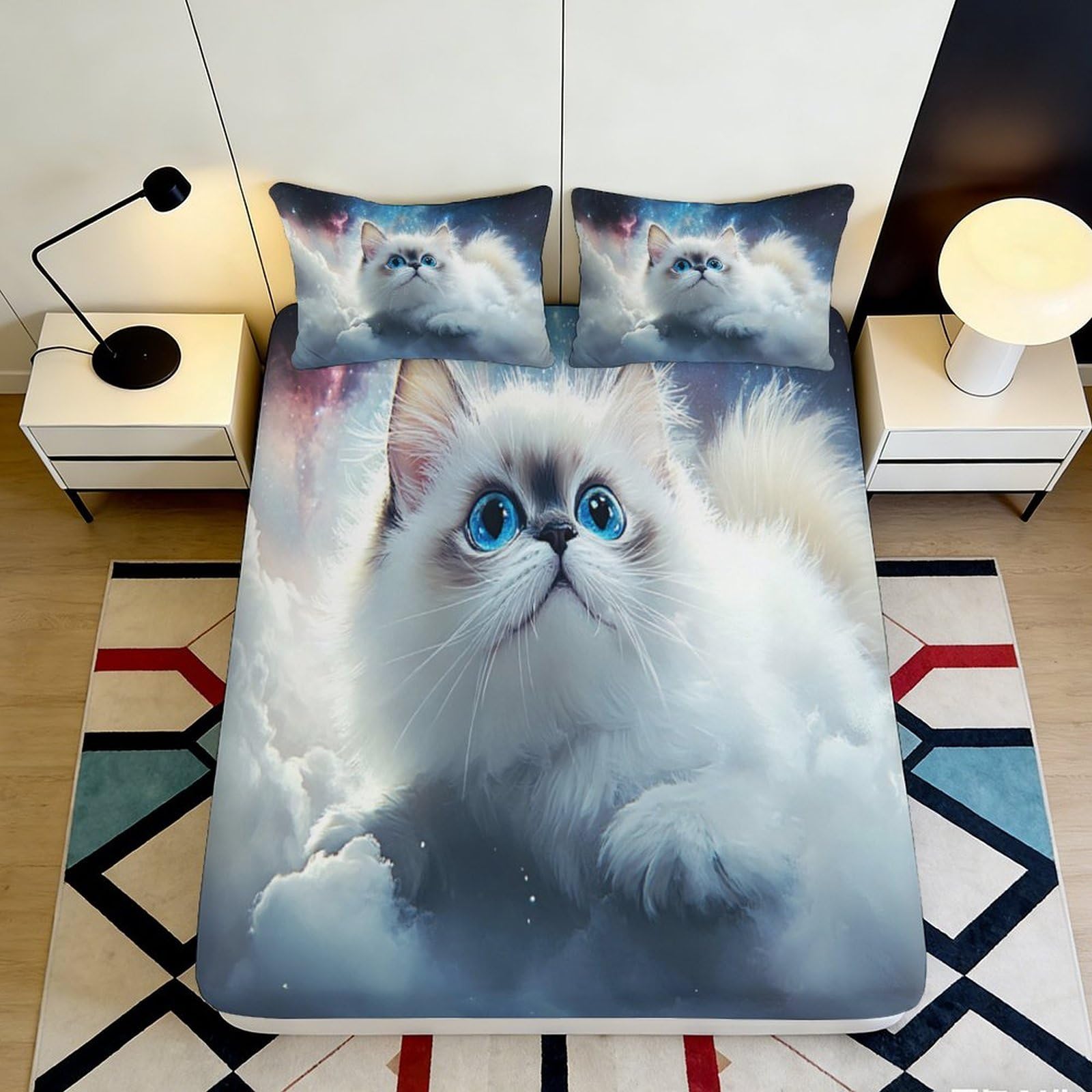 3D Printed Fluffy Cat Fitted Sheet Microfiber Soft Blue Eyes Bed Cover for Bedroom Guest Room Dorm Decor 90x200x25cm