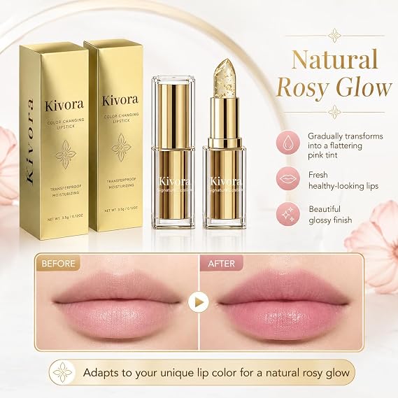 2Pack Kivora Ph Lipstick Colour Changing, Ph Adaptive Lipstick, Lip Balm with Gold Foil, Contains Gold Leaf, Non-stick Cup, Long-Lasting Color, 24h Hydrating