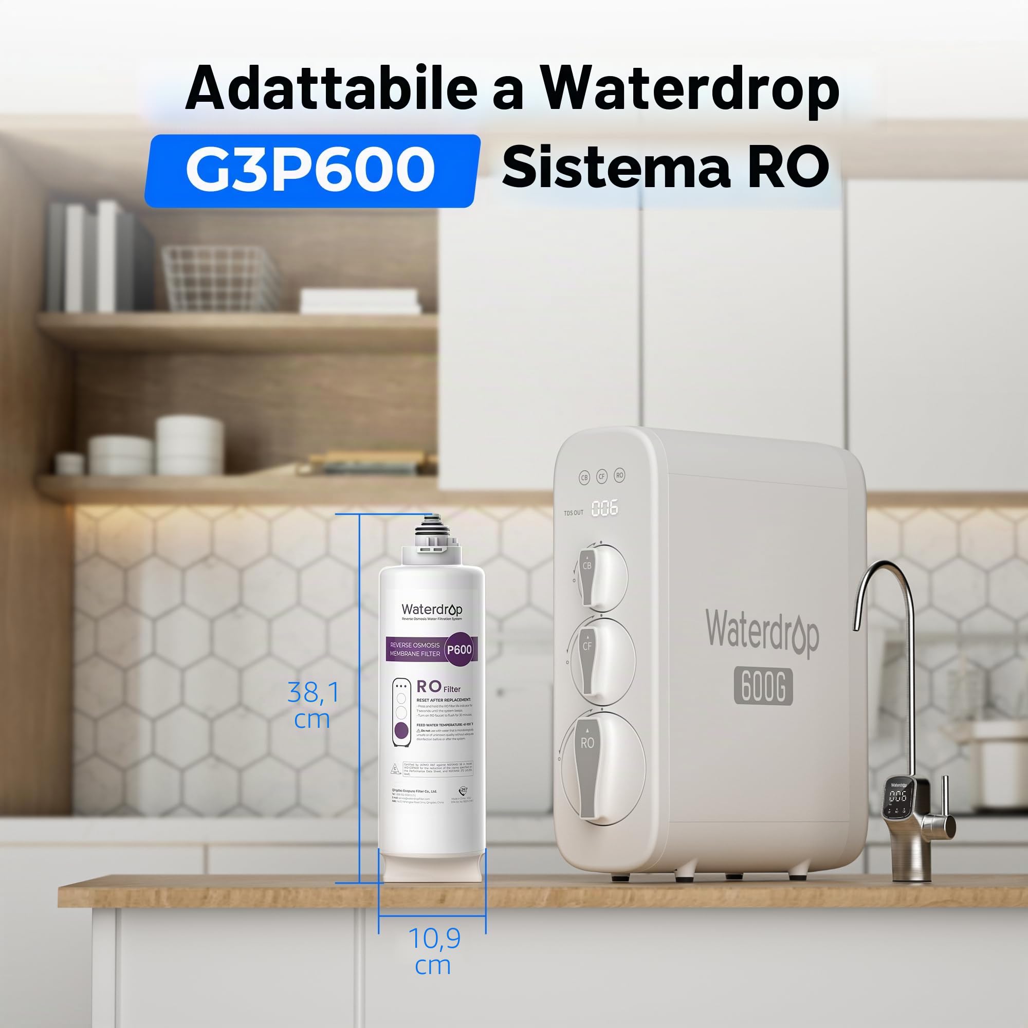 Waterdrop Filtro WD-G3P600-RO, certificado NSF, repuesto para sistema de ósmosis inversa WD-G3P600, 2 años de vida útil