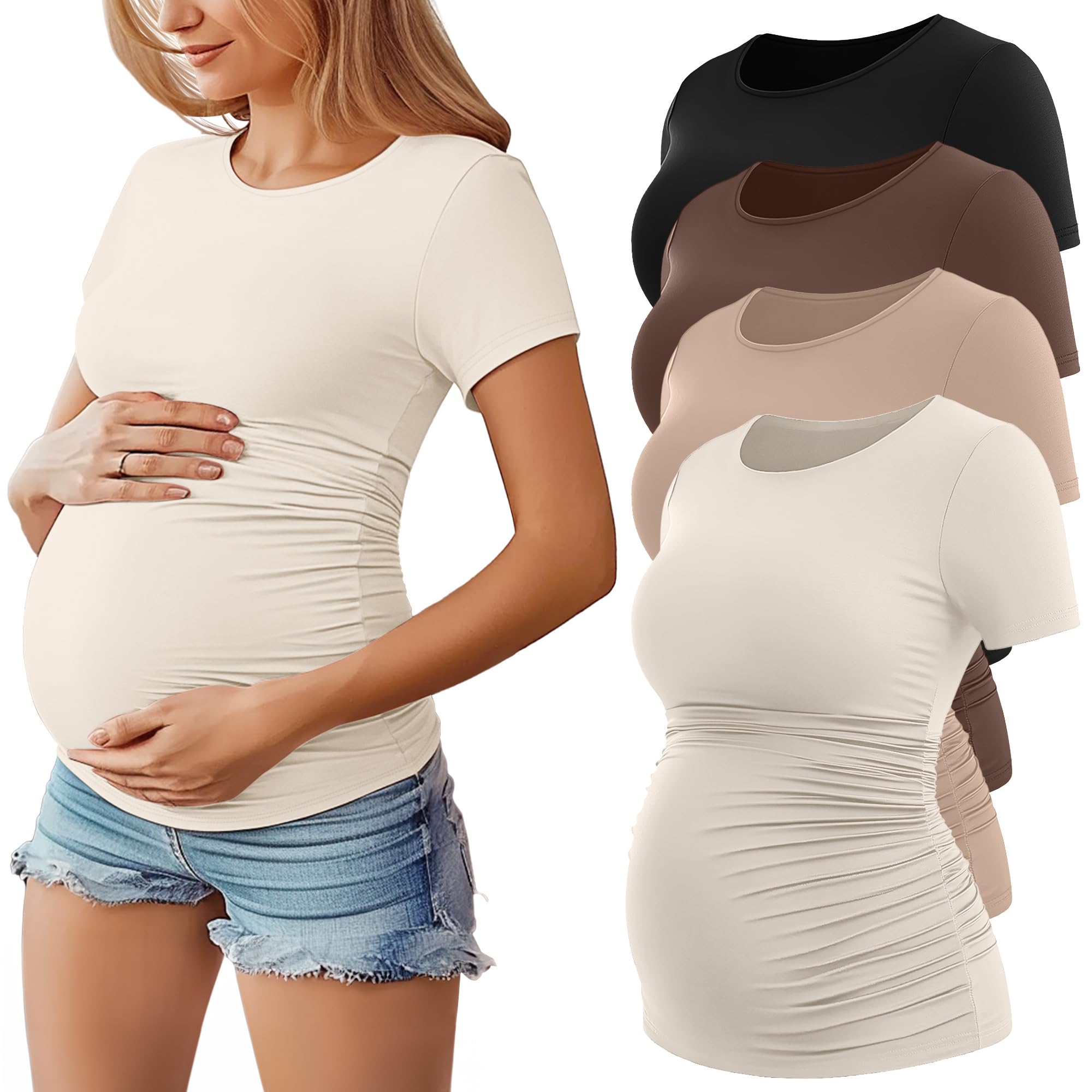 Geyoga Paquete de 4 Camisetas de Maternidad para Mujer De, Manga Corta, Cuello Redondo y Fruncido Lateral